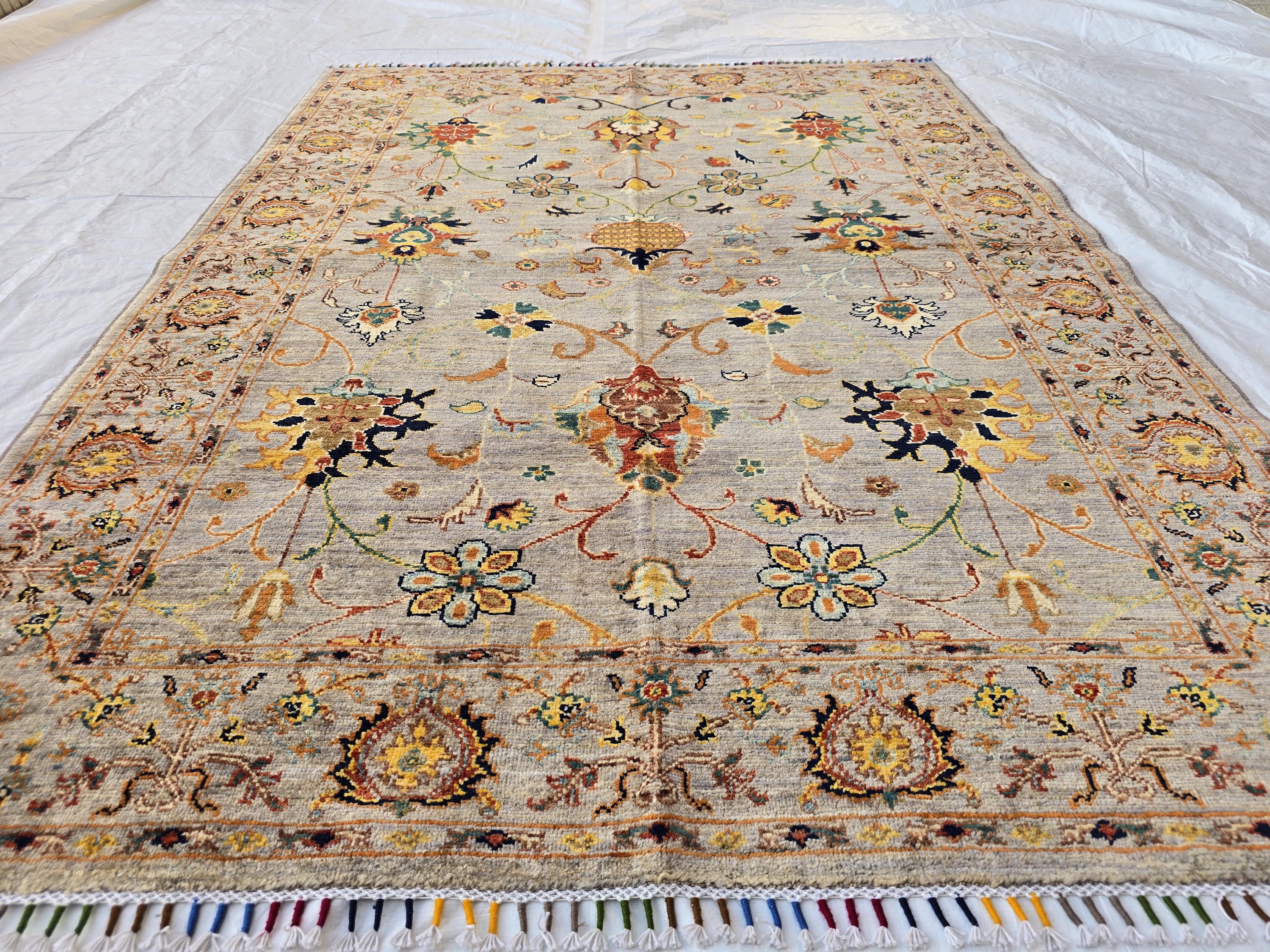 5x7ft Floral Afghan Rug – Handmade Wool Oriental Carpet – Turkmen Botanical Design – Traditional Persian Style Area Rug, Bedroom Rug