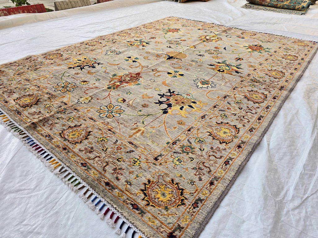 5x7ft Floral Afghan Rug – Handmade Wool Oriental Carpet – Turkmen Botanical Design – Traditional Persian Style Area Rug, Bedroom Rug