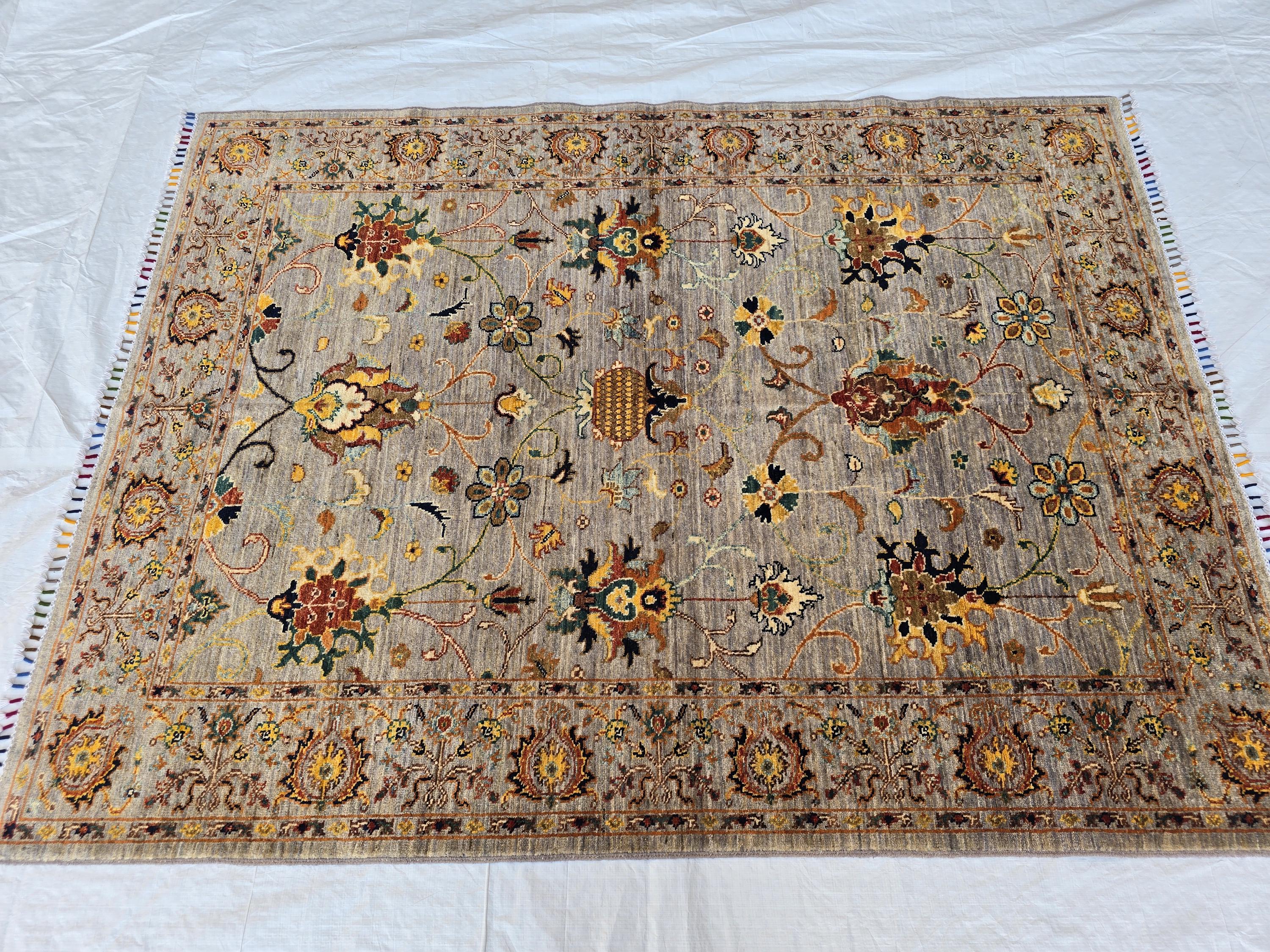 5x7ft Floral Afghan Rug – Handmade Wool Oriental Carpet – Turkmen Botanical Design – Traditional Persian Style Area Rug, Bedroom Rug