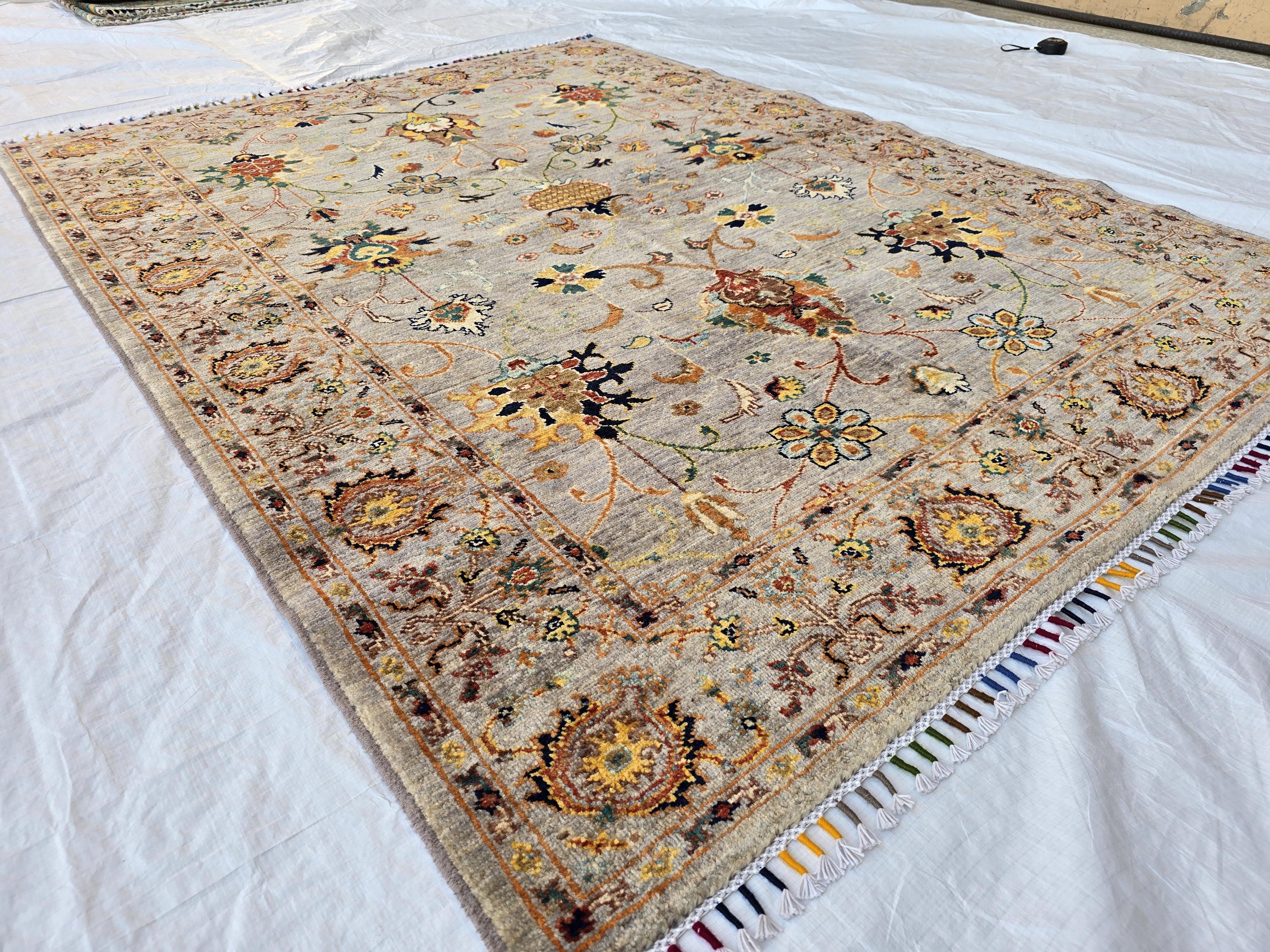 5x7ft Floral Afghan Rug – Handmade Wool Oriental Carpet – Turkmen Botanical Design – Traditional Persian Style Area Rug, Bedroom Rug