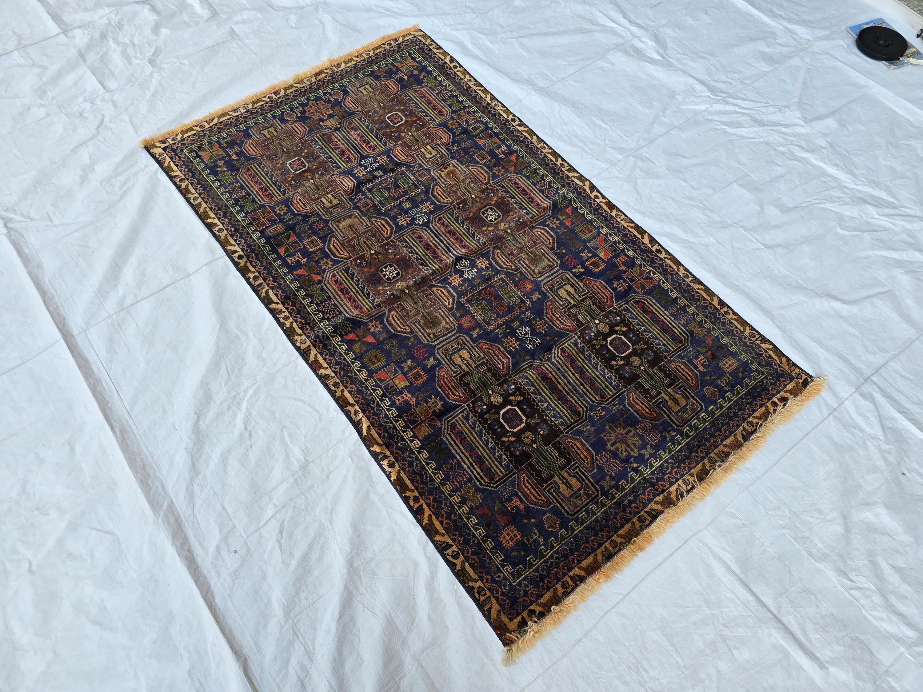 3x6 Vintage Baluchi Blue Hallway Runner, Turkmen 60 year Old Antique Collectible Afghan Rug, Hallway Rug, Narrow Rug, Corridor Rug