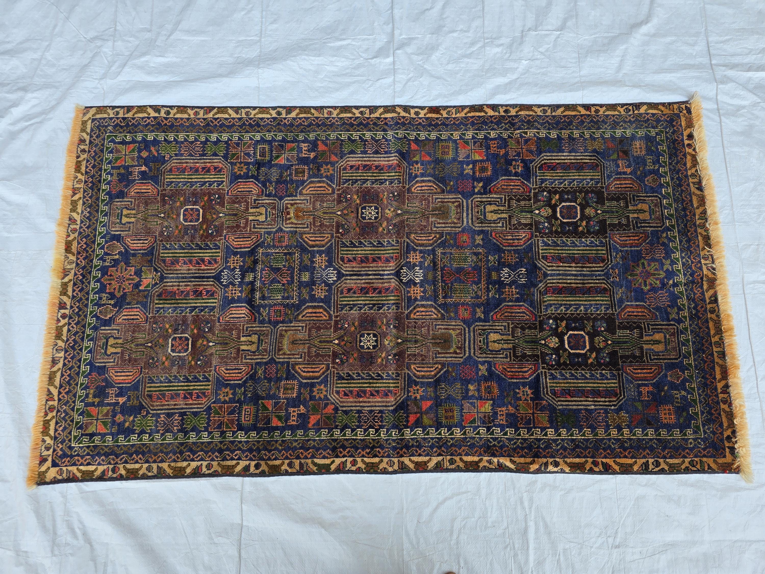 3x6 Vintage Baluchi Blue Hallway Runner, Turkmen 60 year Old Antique Collectible Afghan Rug, Hallway Rug, Narrow Rug, Corridor Rug