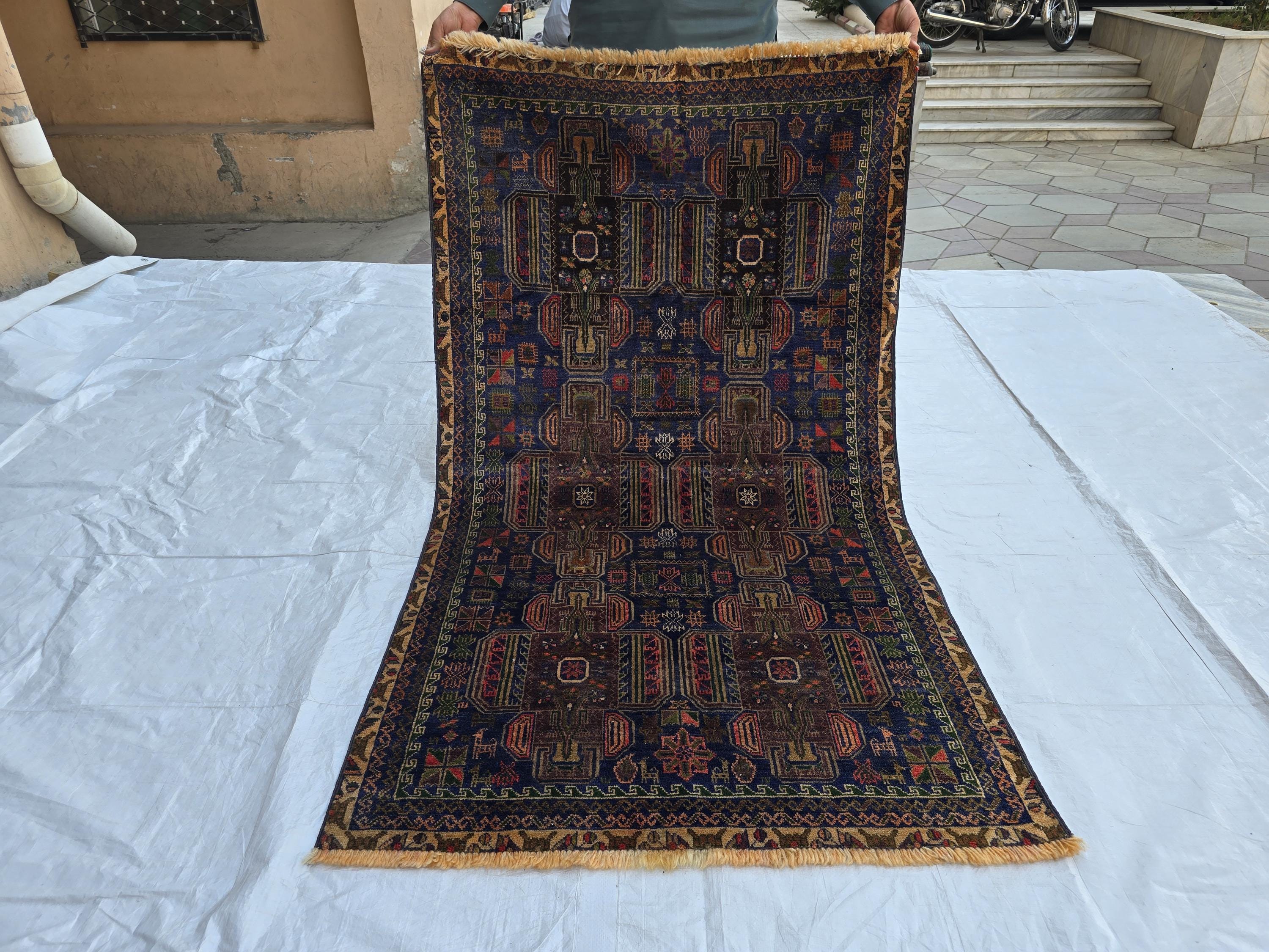 3x6 Vintage Baluchi Blue Hallway Runner, Turkmen 60 year Old Antique Collectible Afghan Rug, Hallway Rug, Narrow Rug, Corridor Rug