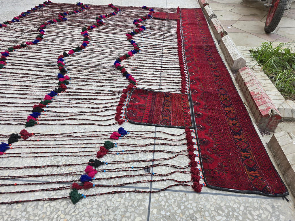 Large Afghan Handwoven Rug Wall Hanging – 9.7x7.8ft Vintage Tribal Tapestry with Tassels, Bohemian Woven Afghan Carpet