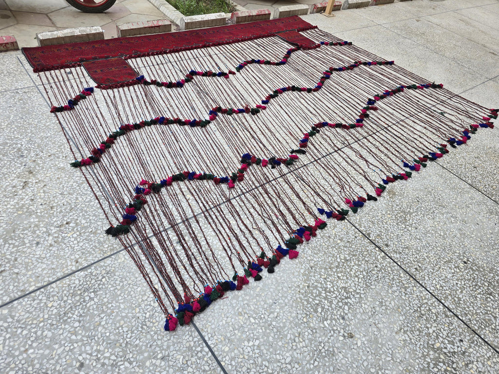 Large Afghan Handwoven Rug Wall Hanging – 9.7x7.8ft Vintage Tribal Tapestry with Tassels, Bohemian Woven Afghan Carpet
