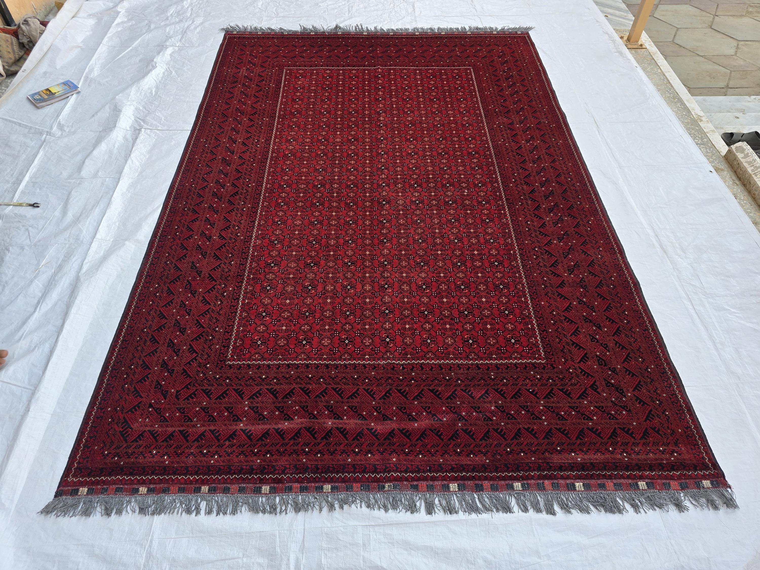 7x10, Handmade Afghan Bashiri Vintage Design Rug, Turkmen Geometric Wool Area Rug, Red Rug, Living Room Rug, Rustic Home Decor, Bedroom Rug