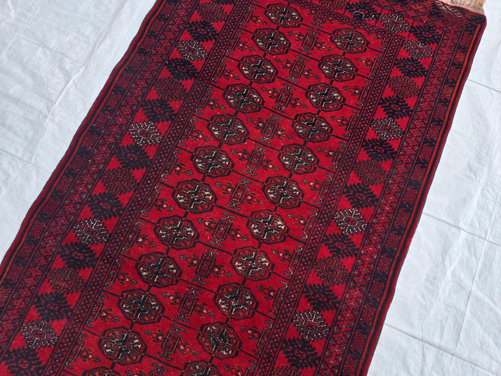 3x6ft Vintage Afghan Mowi Gull Runner Rug, Turkmen Oriental Wool Red Rug, Hallway Rug, Corridor Rug, Small Area Rug