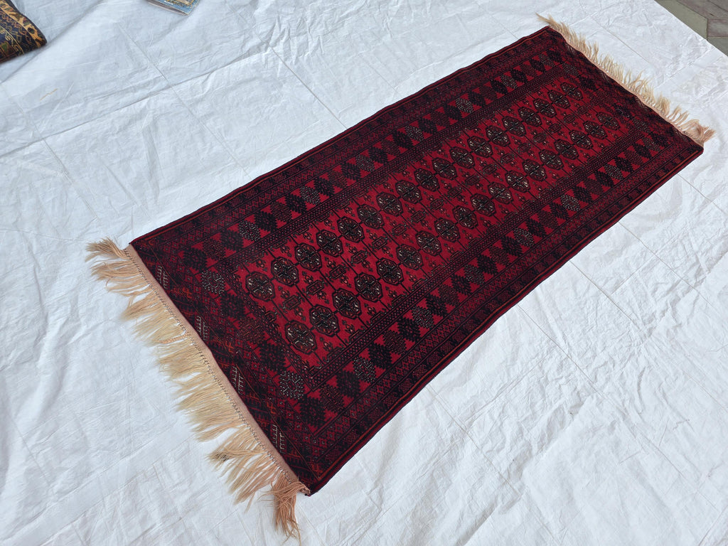3x6ft Vintage Afghan Mowi Gull Runner Rug, Turkmen Oriental Wool Red Rug, Hallway Rug, Corridor Rug, Small Area Rug