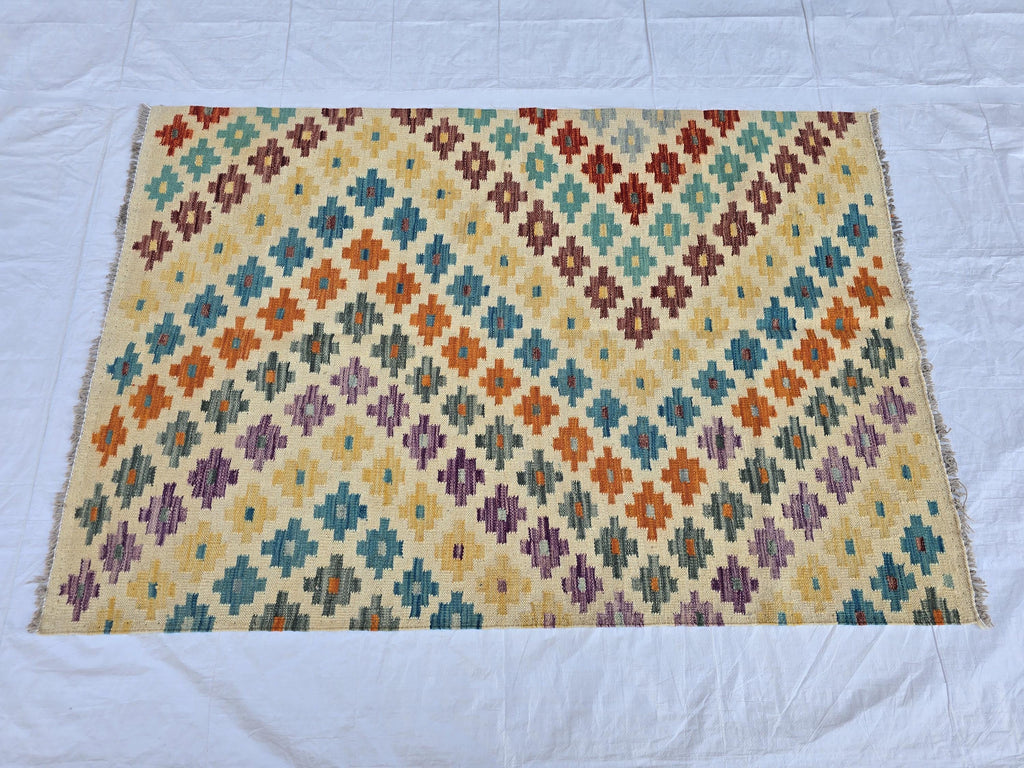 4x5 Handwoven Flatweave Afghan Kilim Rug, Turkmen Wool Area Rug, Geometric Multicolor Rug, Boho Home Decor, Living Room Rug, Bedroom Rug