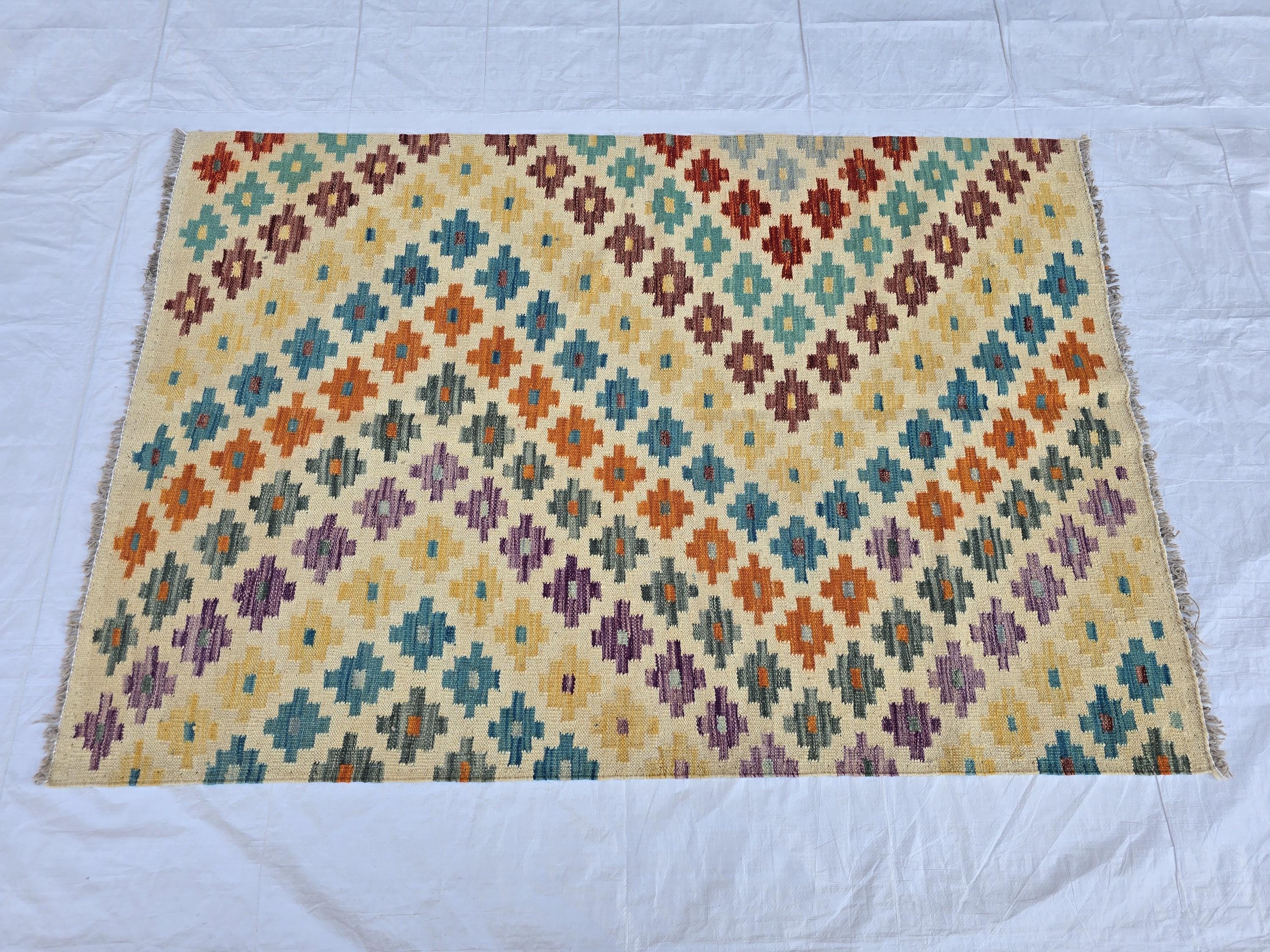 4x5 Handwoven Flatweave Afghan Kilim Rug, Turkmen Wool Area Rug, Geometric Multicolor Rug, Boho Home Decor, Living Room Rug, Bedroom Rug