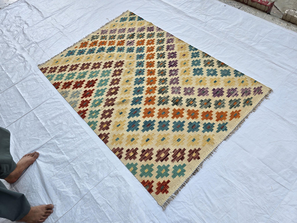 4x5 Handwoven Flatweave Afghan Kilim Rug, Turkmen Wool Area Rug, Geometric Multicolor Rug, Boho Home Decor, Living Room Rug, Bedroom Rug