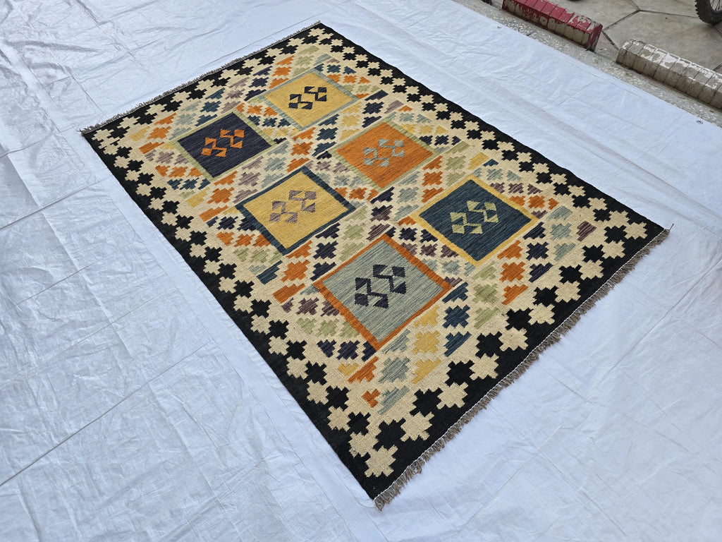 4x6 Flatweave Afghan Handwoven Rug, Turkmen Wool Area Rug, Persian Home Decor Rug, Affordable Price, Bedroom Rug, Kitchen Rug, entryway rug