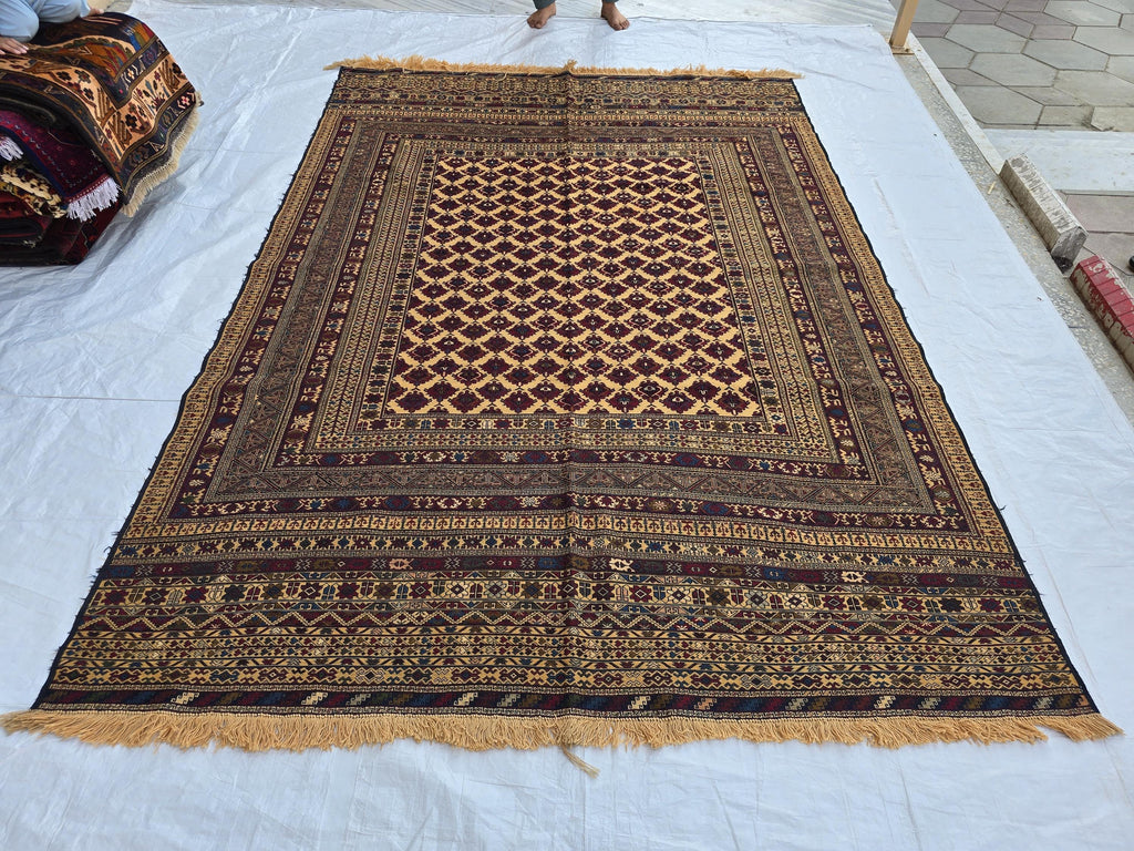 7x10 Beljik Kilim Afghan Handwoven Rug, Turkmen Herati Wool Large Area Rug, Boho Home decor Rug for living room, Bedroom Rug 294x208