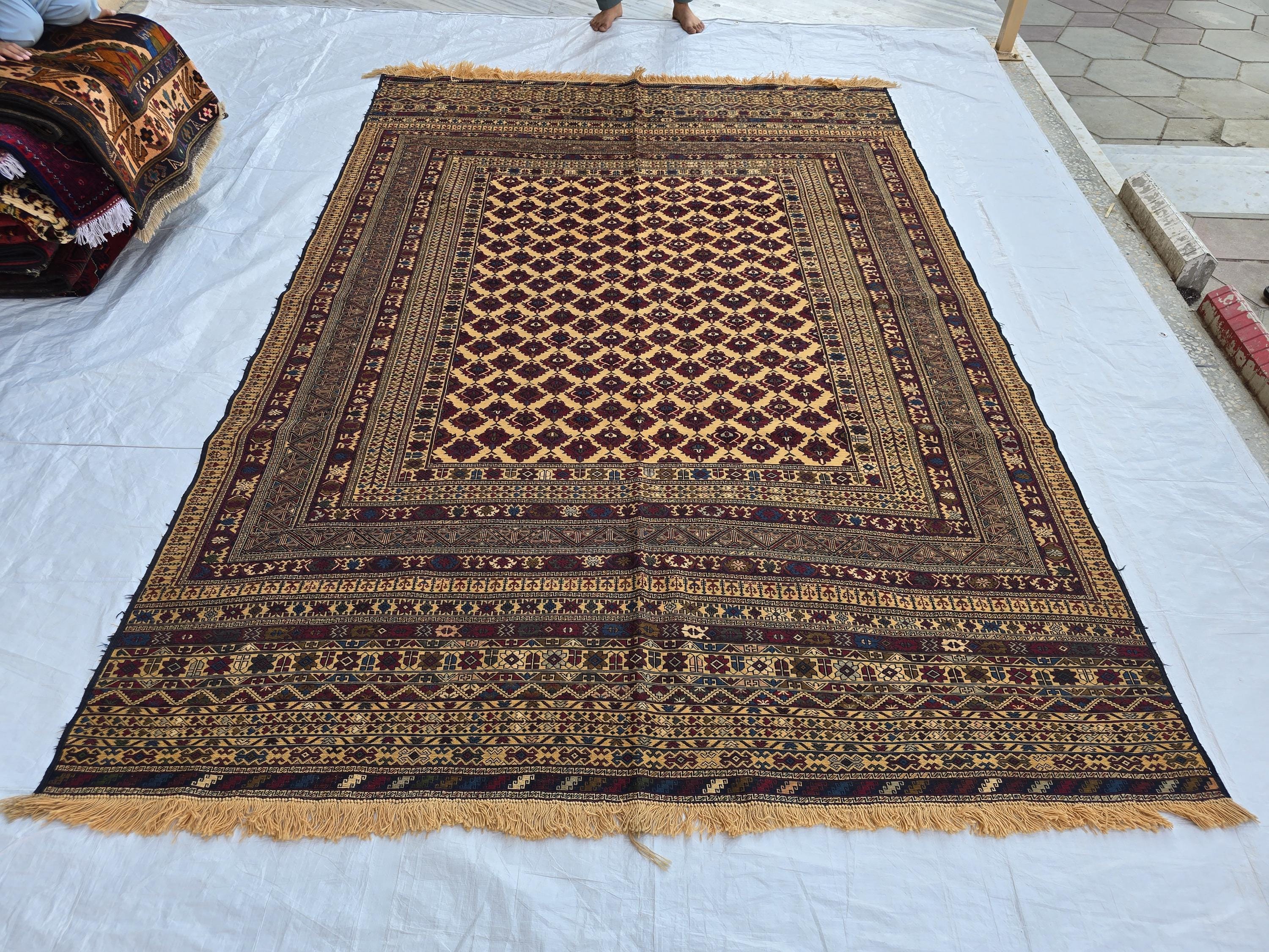 7x10 Beljik Kilim Afghan Handwoven Rug, Turkmen Herati Wool Large Area Rug, Boho Home decor Rug for living room, Bedroom Rug 294x208