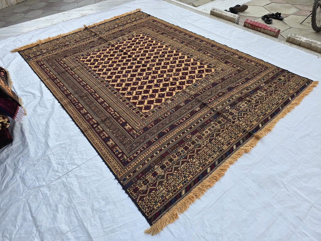 7x10 Beljik Kilim Afghan Handwoven Rug, Turkmen Herati Wool Large Area Rug, Boho Home decor Rug for living room, Bedroom Rug 294x208