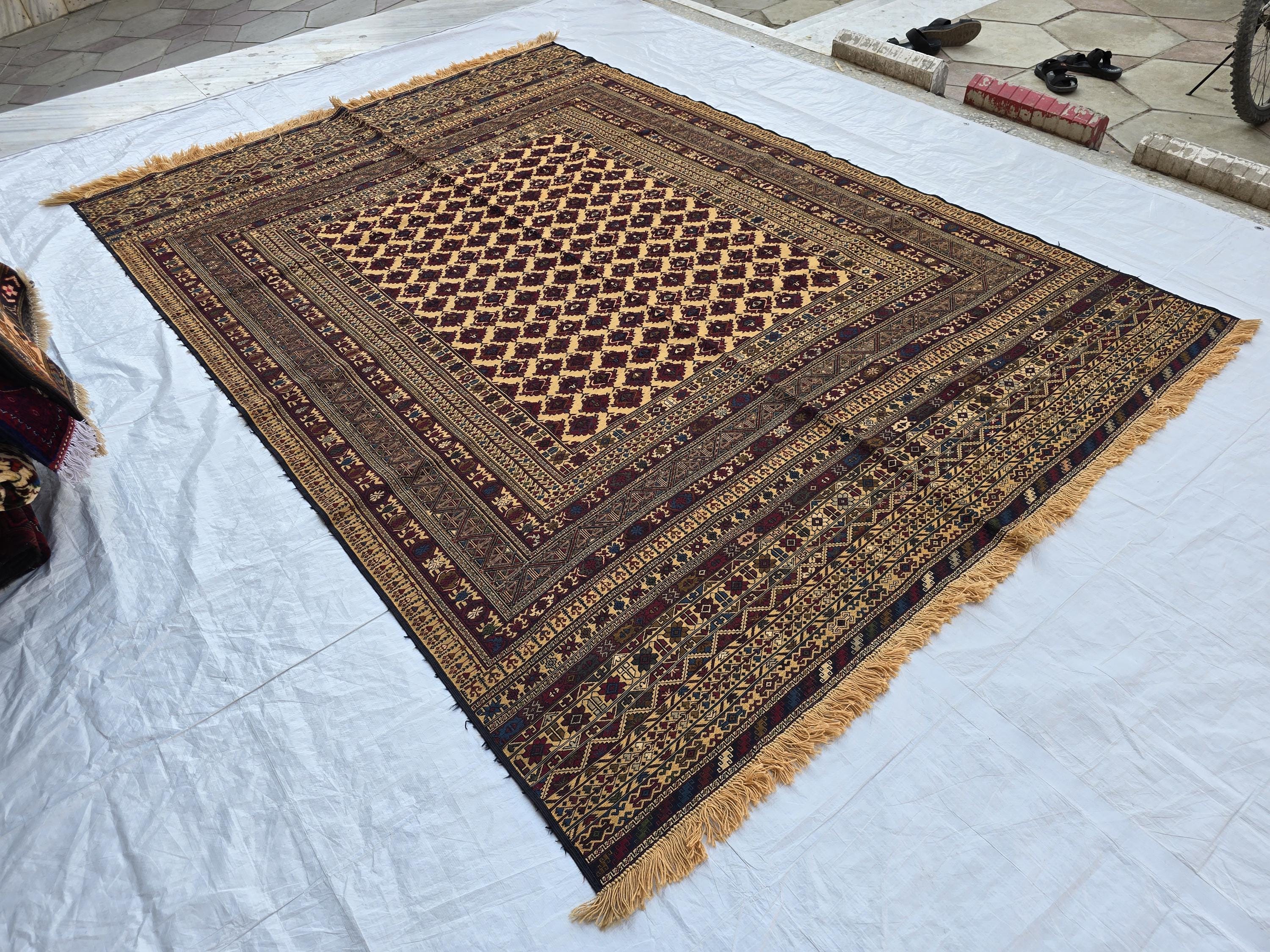 7x10 Beljik Kilim Afghan Handwoven Rug, Turkmen Herati Wool Large Area Rug, Boho Home decor Rug for living room, Bedroom Rug 294x208