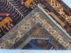 4x9 Vintage Afghan War Rug – Handwoven Tribal Rug with Animal & Tank Motifs –Dark Wool Baluch Carpet, Hallway rug, Living Room, Entrance Rug