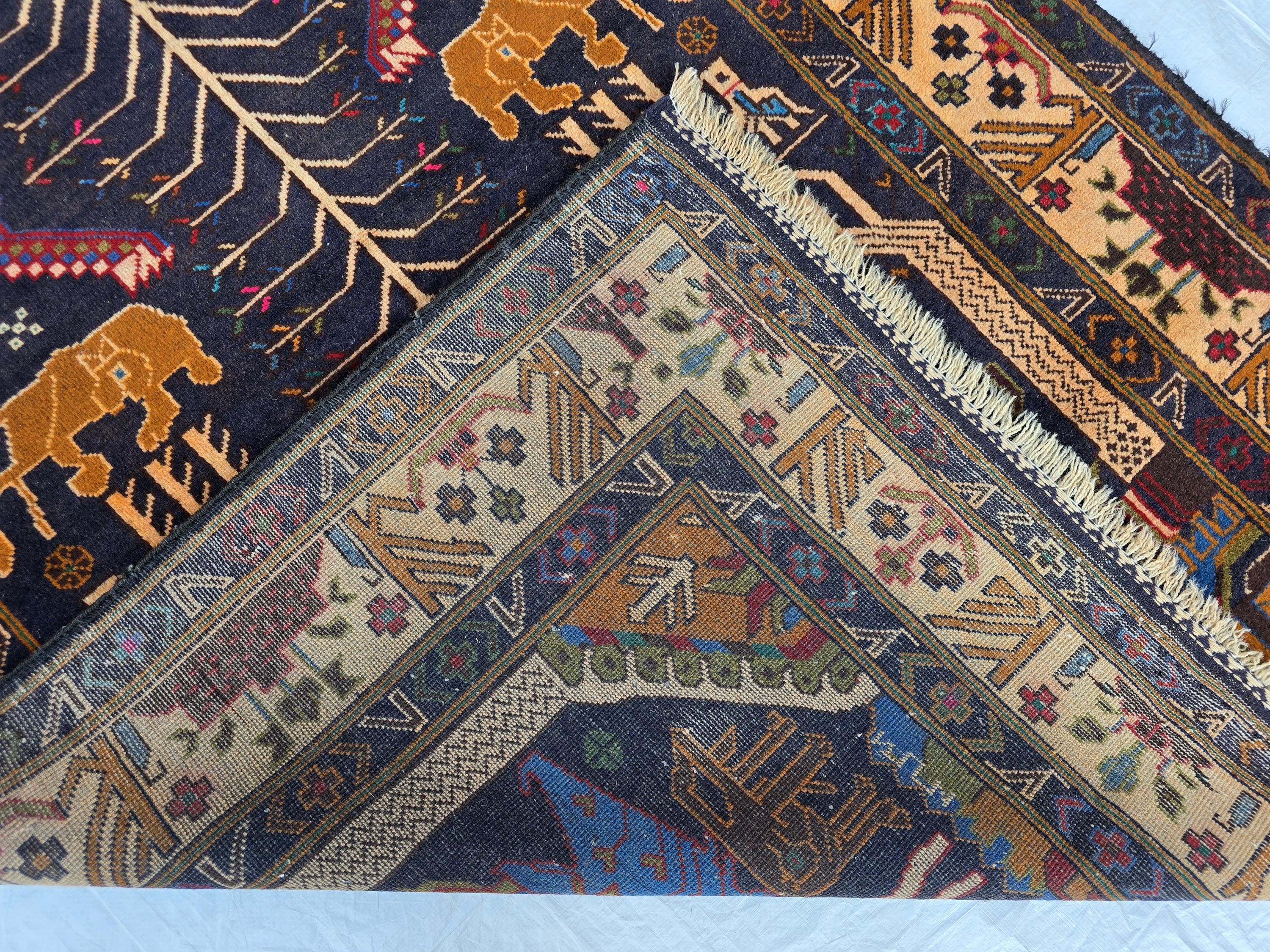 4x9 Vintage Afghan War Rug – Handwoven Tribal Rug with Animal & Tank Motifs –Dark Wool Baluch Carpet, Hallway rug, Living Room, Entrance Rug
