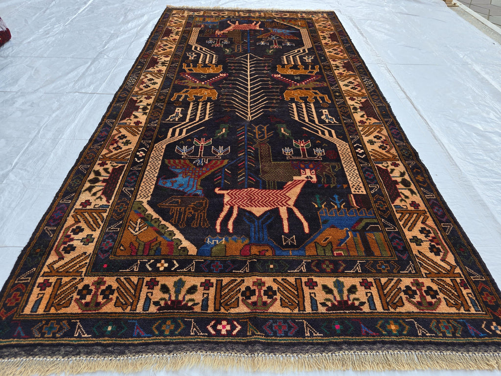 4x9 Vintage Afghan War Rug – Handwoven Tribal Rug with Animal & Tank Motifs –Dark Wool Baluch Carpet, Hallway rug, Living Room, Entrance Rug