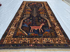4x9 Vintage Afghan War Rug – Handwoven Tribal Rug with Animal & Tank Motifs –Dark Wool Baluch Carpet, Hallway rug, Living Room, Entrance Rug