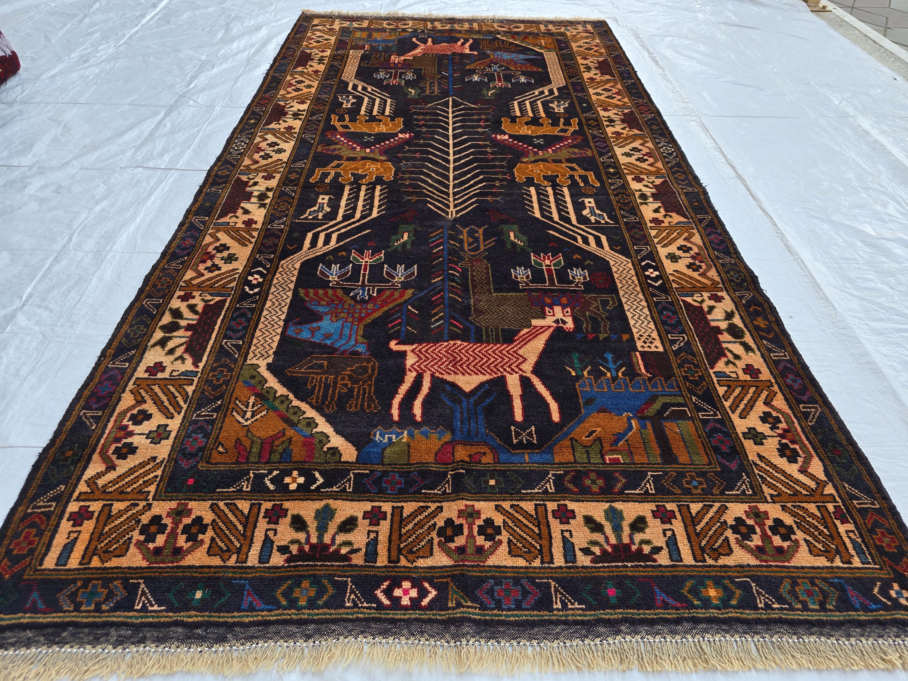 4x9 Vintage Afghan War Rug – Handwoven Tribal Rug with Animal & Tank Motifs –Dark Wool Baluch Carpet, Hallway rug, Living Room, Entrance Rug