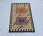 3x4 Small Afghan Handmade Tribal Kilim Rug, Turkmen Geometric Wool Accent Rug, Entrance Rug, Kitchen Rug, Hallway short Rug, Boho Home Decor