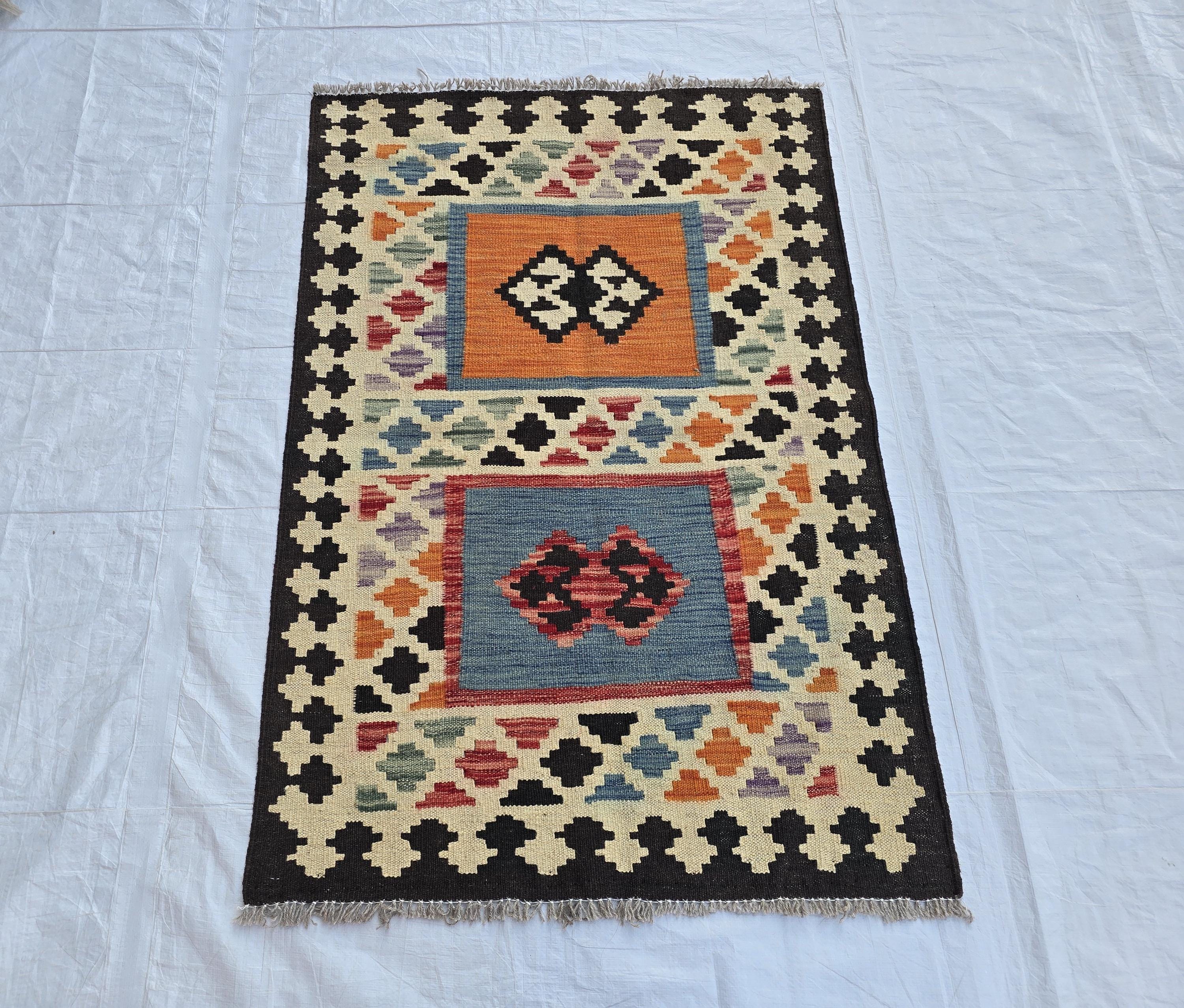 3x4 Small Afghan Handmade Tribal Kilim Rug, Turkmen Geometric Wool Accent Rug, Entrance Rug, Kitchen Rug, Hallway short Rug, Boho Home Decor