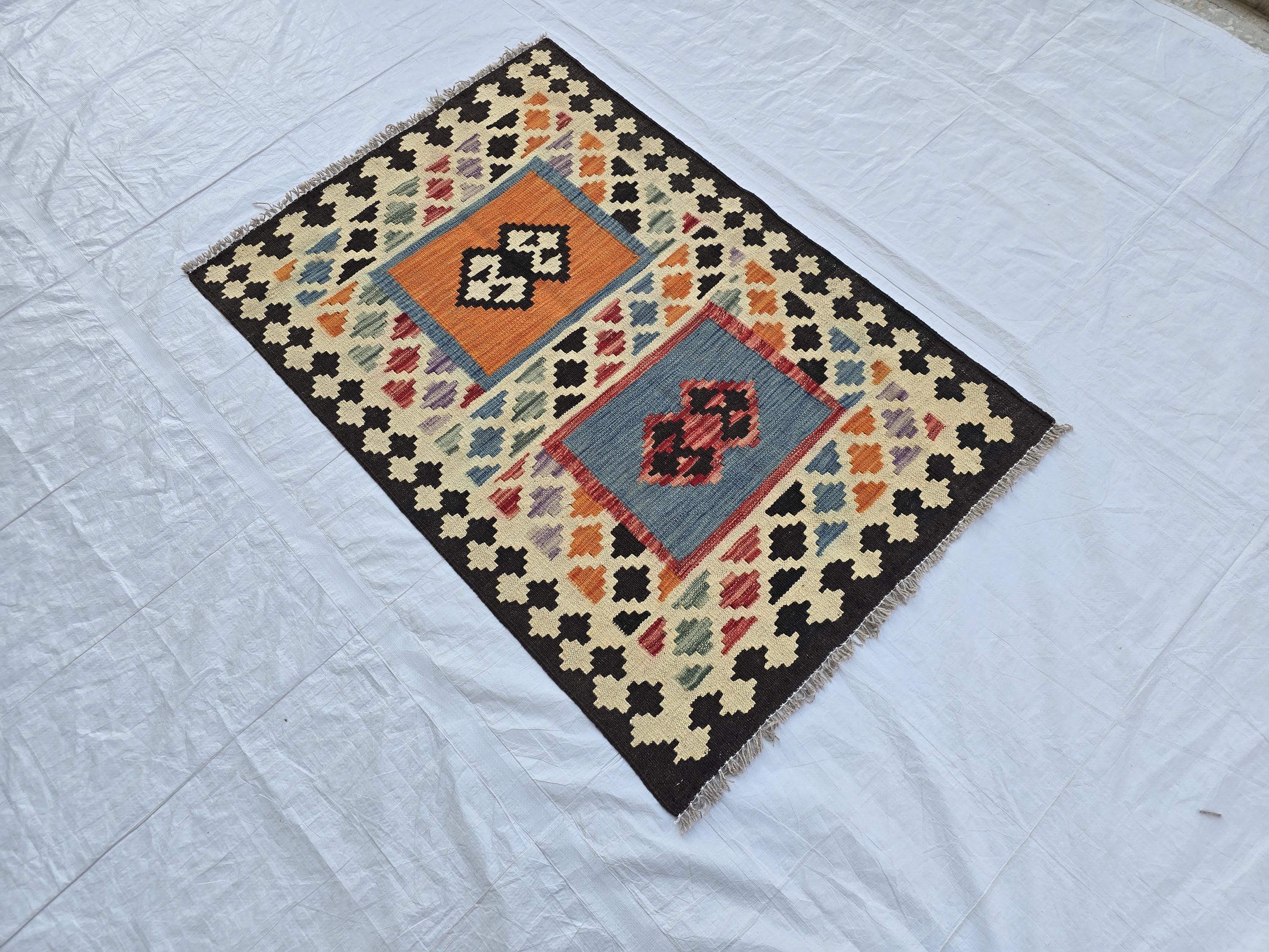 3x4 Small Afghan Handmade Tribal Kilim Rug, Turkmen Geometric Wool Accent Rug, Entrance Rug, Kitchen Rug, Hallway short Rug, Boho Home Decor