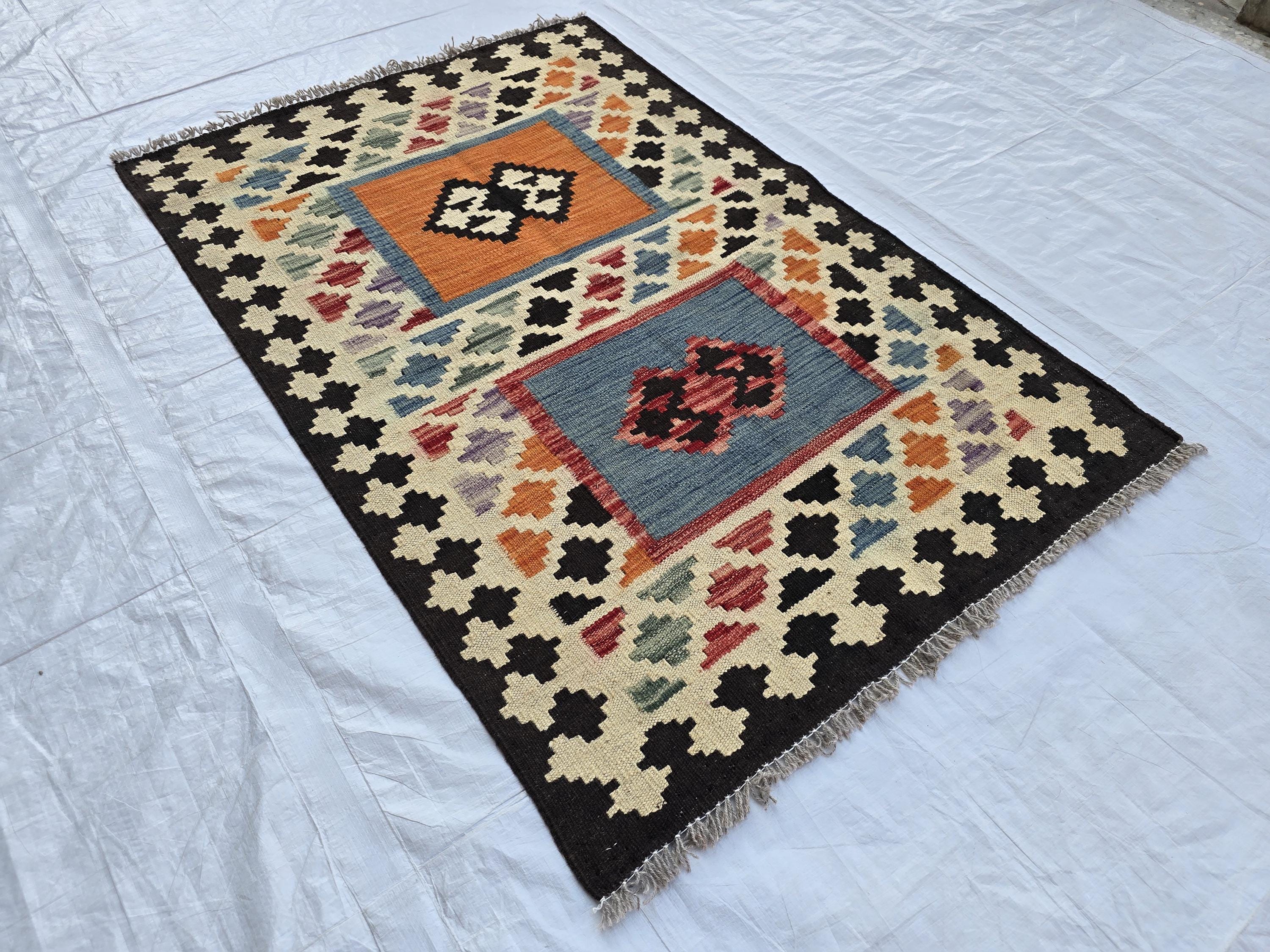 3x4 Small Afghan Handmade Tribal Kilim Rug, Turkmen Geometric Wool Accent Rug, Entrance Rug, Kitchen Rug, Hallway short Rug, Boho Home Decor
