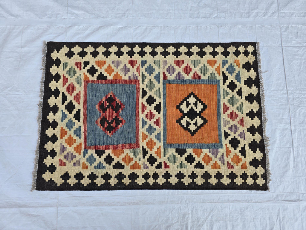 3x4 Small Afghan Handmade Tribal Kilim Rug, Turkmen Geometric Wool Accent Rug, Entrance Rug, Kitchen Rug, Hallway short Rug, Boho Home Decor