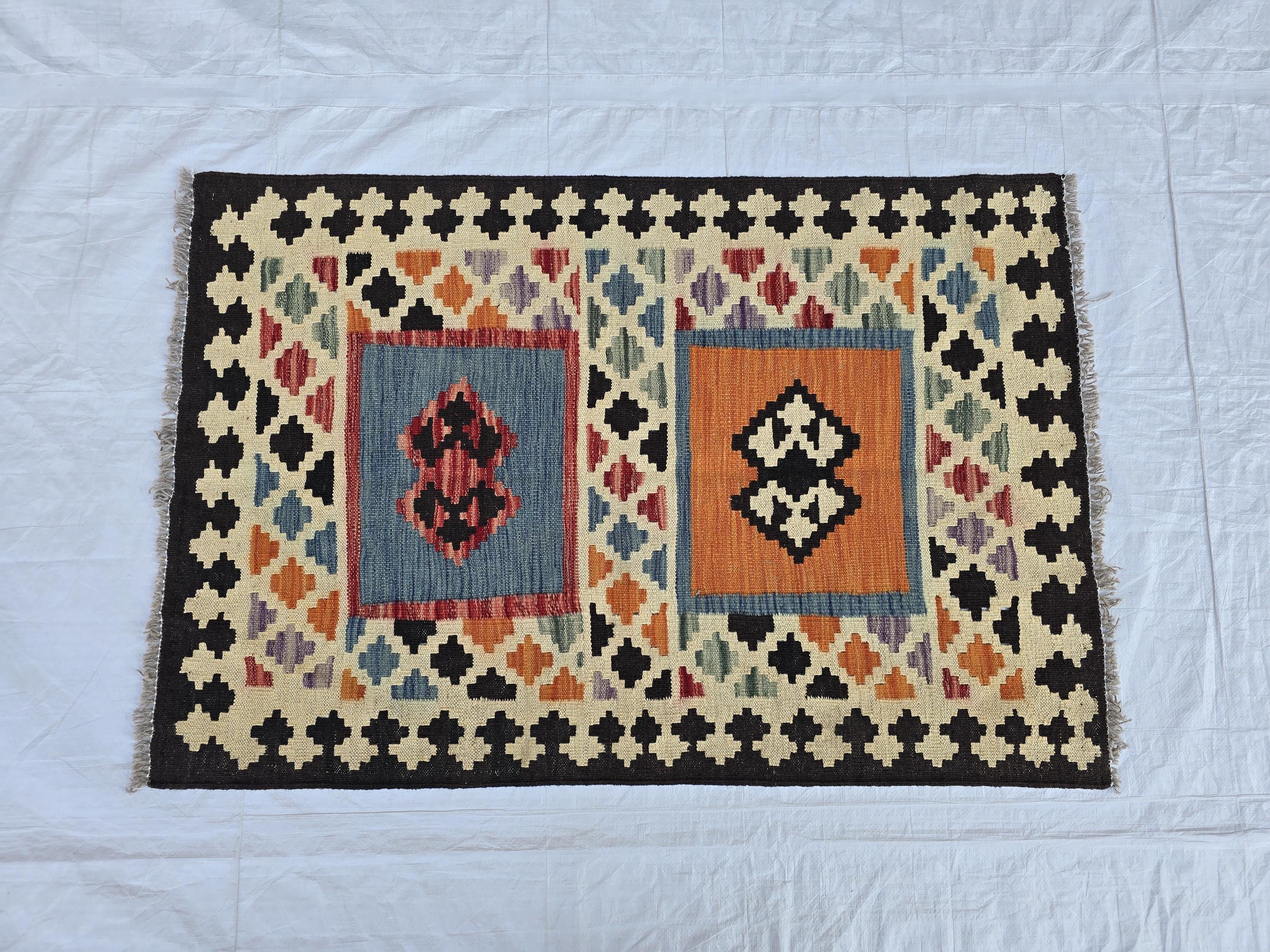 3x4 Small Afghan Handmade Tribal Kilim Rug, Turkmen Geometric Wool Accent Rug, Entrance Rug, Kitchen Rug, Hallway short Rug, Boho Home Decor