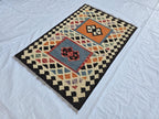 3x4 Small Afghan Handmade Tribal Kilim Rug, Turkmen Geometric Wool Accent Rug, Entrance Rug, Kitchen Rug, Hallway short Rug, Boho Home Decor