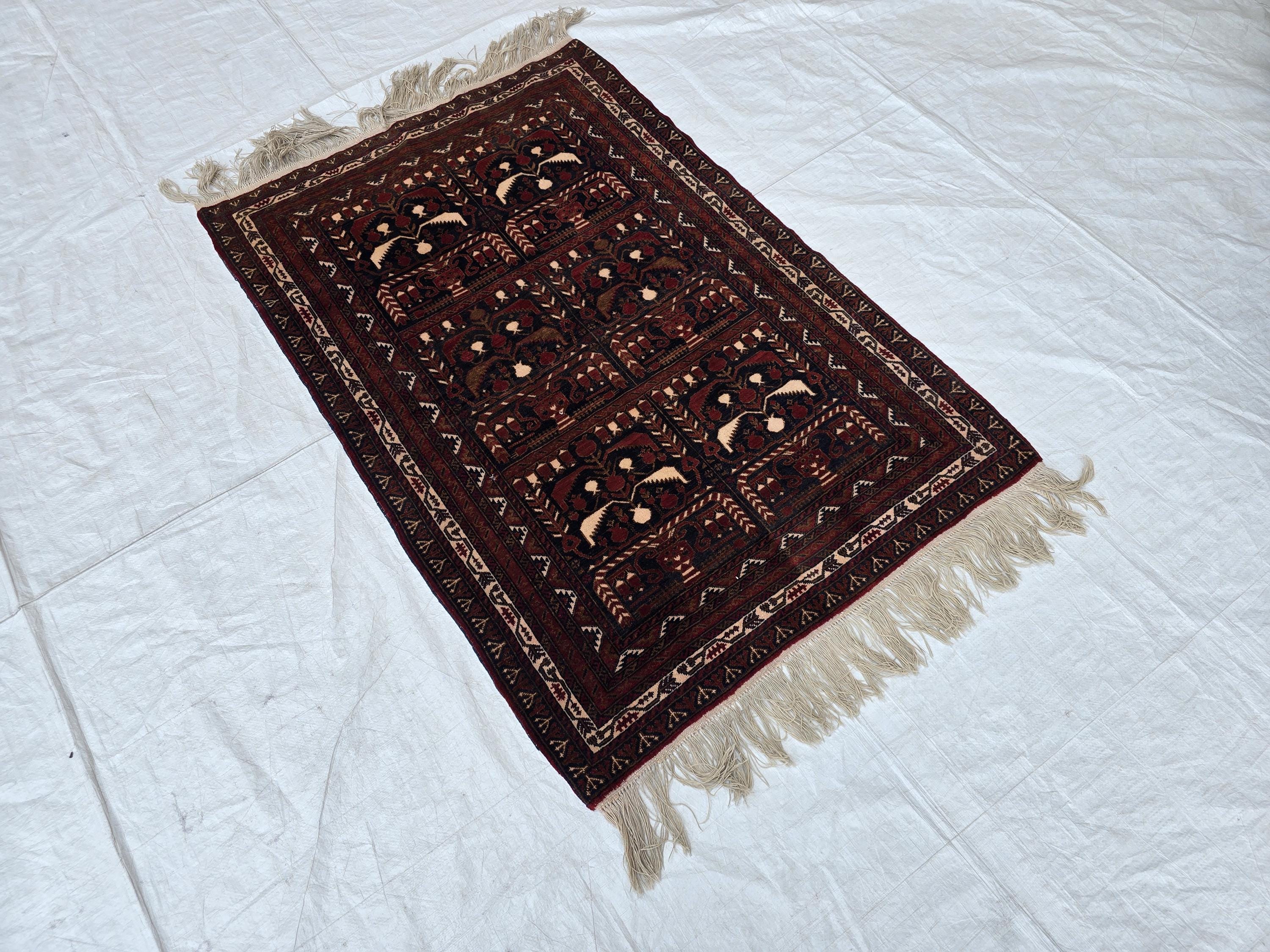 Vintage Baluchi Handwoven Accent Rug, 4x5ft, Turkmen Geometric Wool Rug, Bedroom Rug, office Rug, Collectible Afghan Rug, Entrance Rug