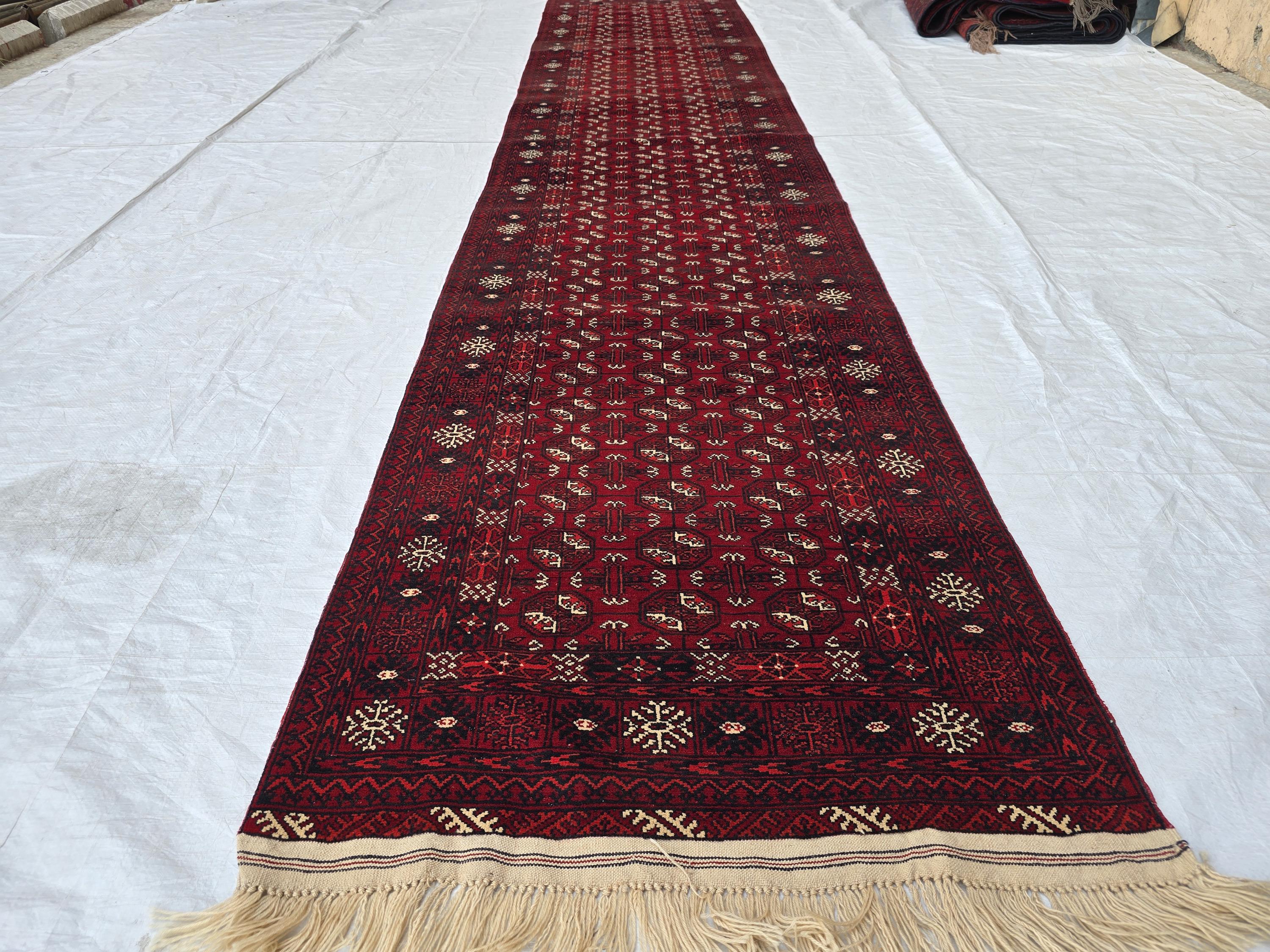3x13 Vintage Ahal Gul Afghan Tribal Handmade Hallway Rug, Turkmen Oriental Wool Area Rug, Home Decor, Corridor Rug, Long Narrow Rug