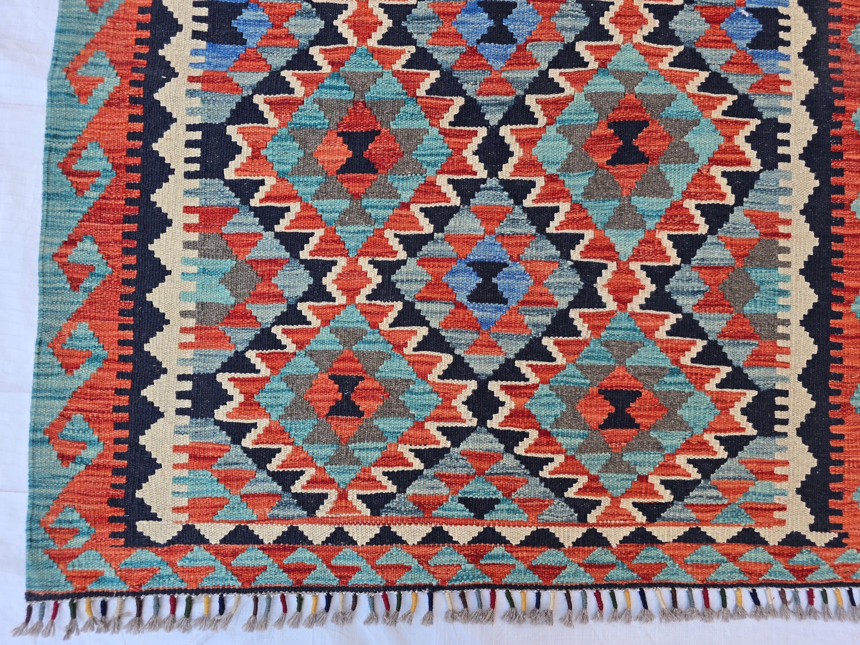 3x7 Multicolor Afghan Kilim Rug, Turkmen Flatweave Oriental Wool Floor Rug, Boho Home Decor, Hallway Rug, Entrance Rug, Kitchen Decor Rug