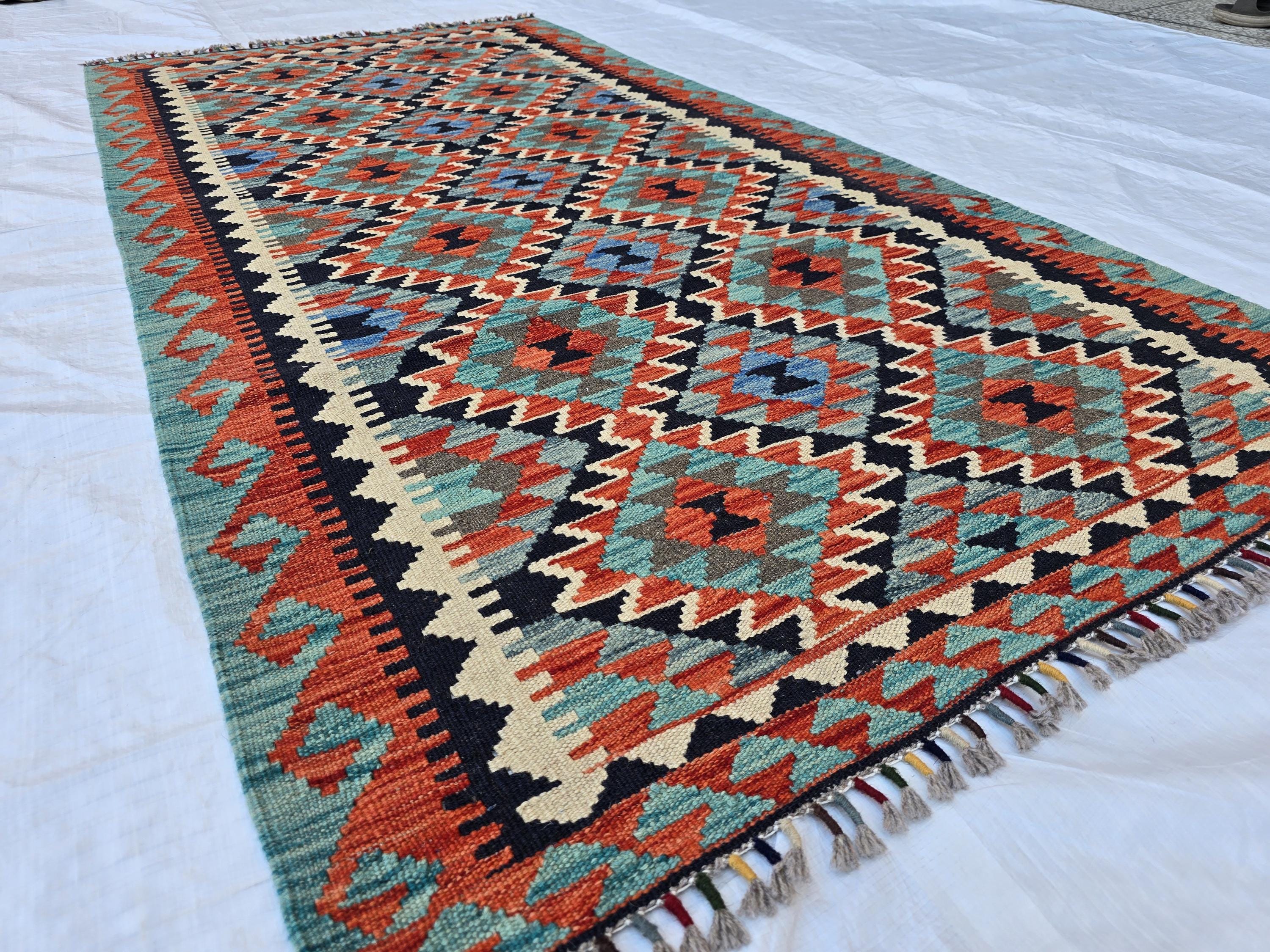 3x7 Multicolor Afghan Kilim Rug, Turkmen Flatweave Oriental Wool Floor Rug, Boho Home Decor, Hallway Rug, Entrance Rug, Kitchen Decor Rug