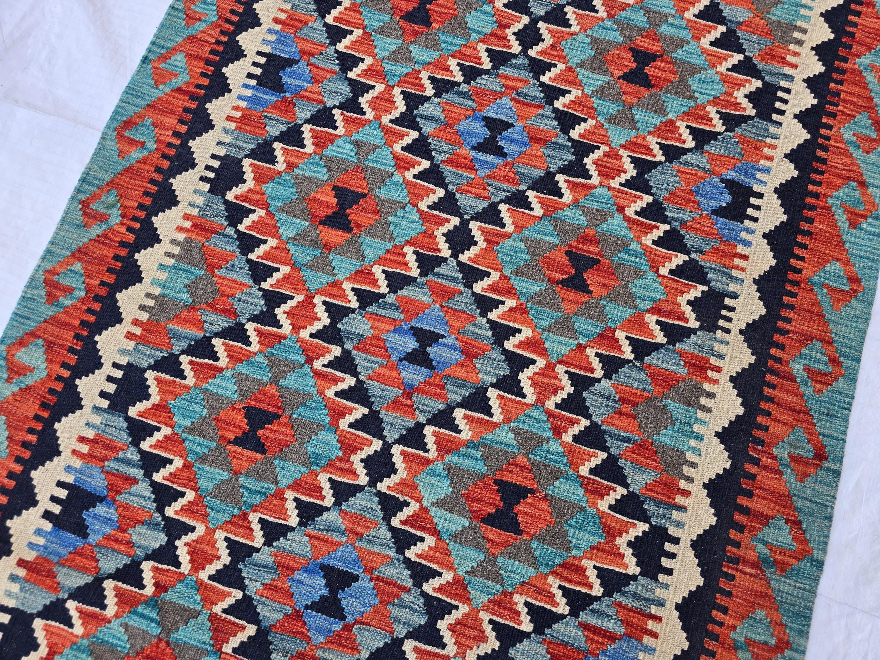 3x7 Multicolor Afghan Kilim Rug, Turkmen Flatweave Oriental Wool Floor Rug, Boho Home Decor, Hallway Rug, Entrance Rug, Kitchen Decor Rug