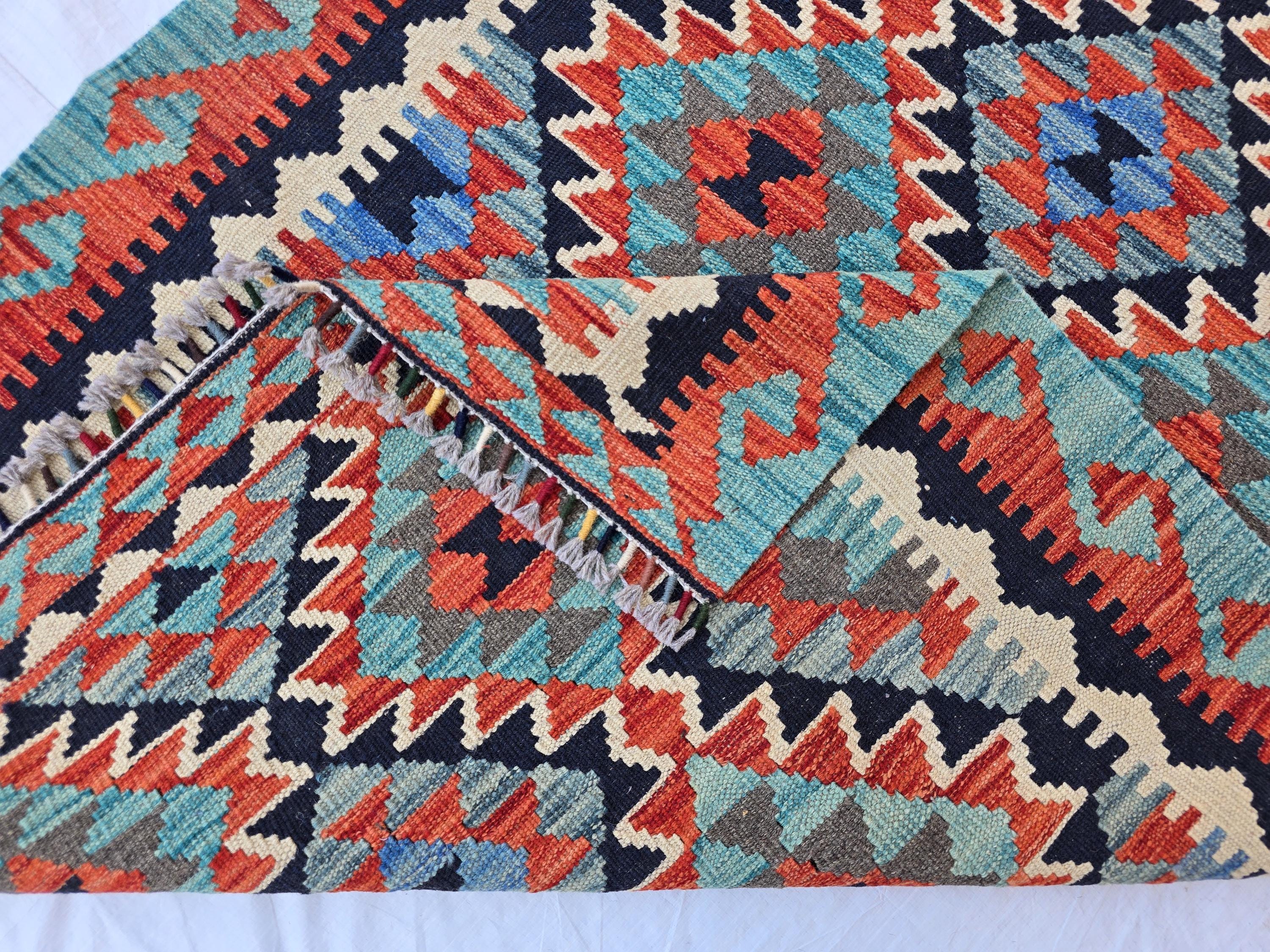 3x7 Multicolor Afghan Kilim Rug, Turkmen Flatweave Oriental Wool Floor Rug, Boho Home Decor, Hallway Rug, Entrance Rug, Kitchen Decor Rug