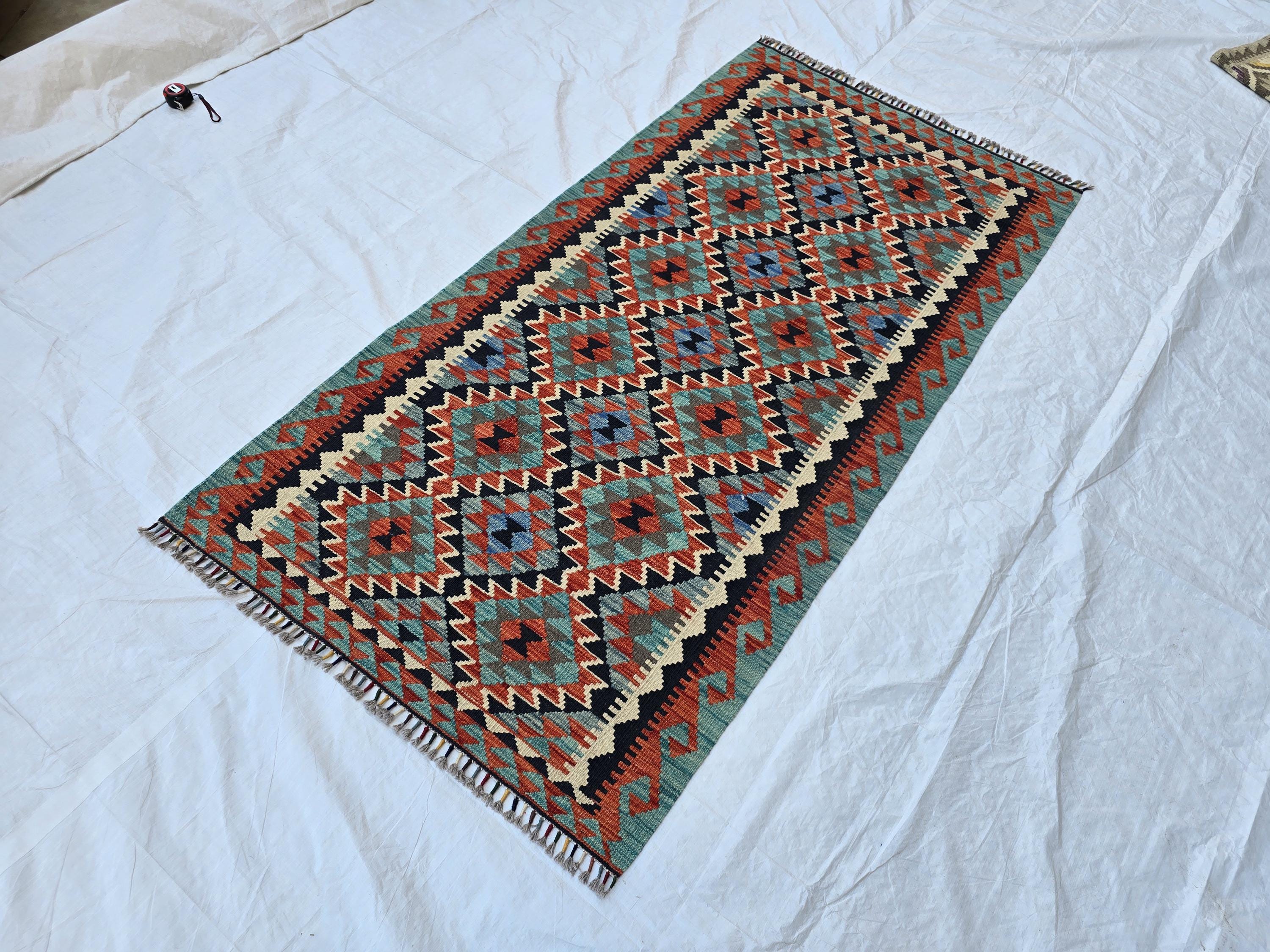 3x7 Multicolor Afghan Kilim Rug, Turkmen Flatweave Oriental Wool Floor Rug, Boho Home Decor, Hallway Rug, Entrance Rug, Kitchen Decor Rug