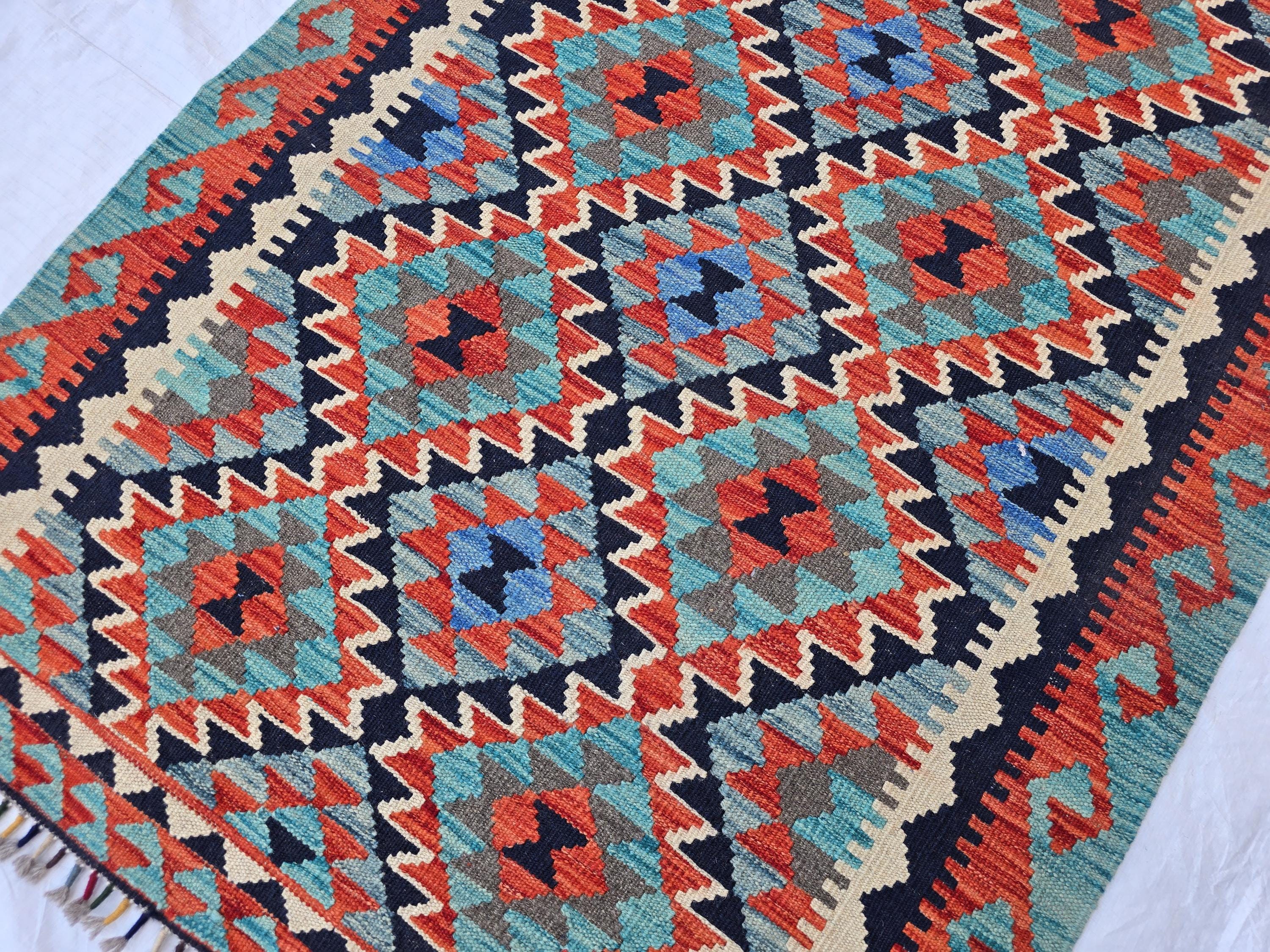 3x7 Multicolor Afghan Kilim Rug, Turkmen Flatweave Oriental Wool Floor Rug, Boho Home Decor, Hallway Rug, Entrance Rug, Kitchen Decor Rug