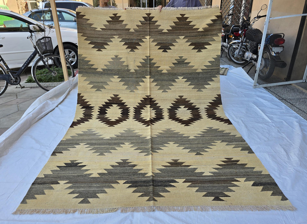 7x10Ft Large Tribal Kilim Rug – Handwoven Geometric Afghan Wool Carpet in Neutral Earth Tones – Boho Area Rug for Living Room or Bedroom