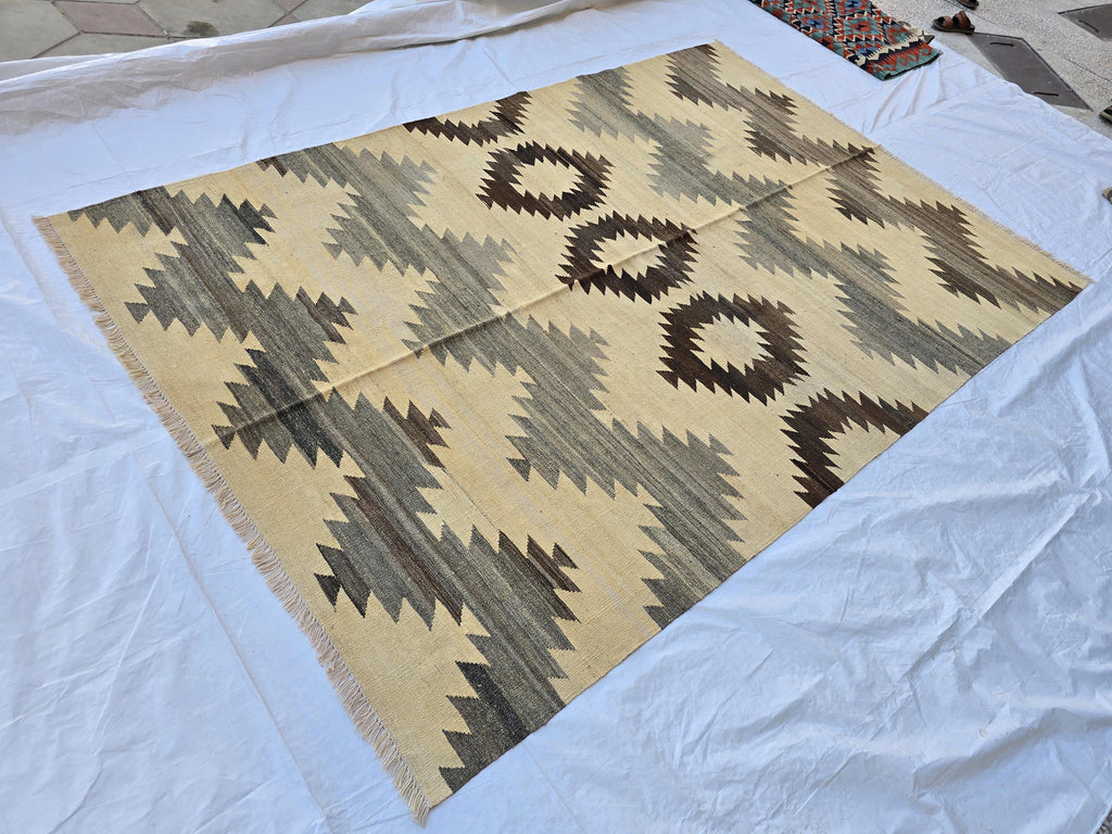 7x10Ft Large Tribal Kilim Rug – Handwoven Geometric Afghan Wool Carpet in Neutral Earth Tones – Boho Area Rug for Living Room or Bedroom