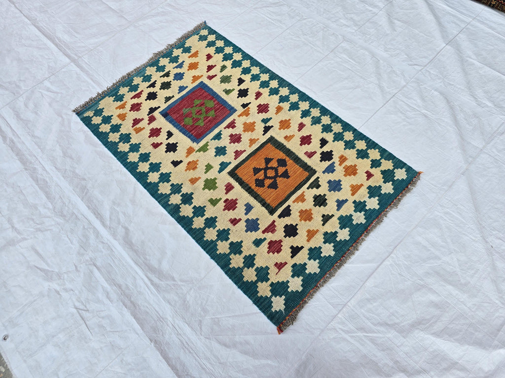 3x4 Afghan Small Geometric Wool Rug, Turkmen Flatweave Kilim Rug, Entryway Rug, Home Decor Rug, Kitchen Rug Small Rug, Office Rug