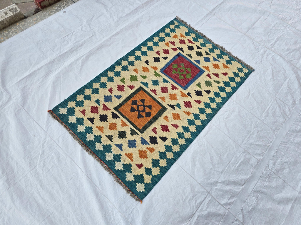 3x4 Afghan Small Geometric Wool Rug, Turkmen Flatweave Kilim Rug, Entryway Rug, Home Decor Rug, Kitchen Rug Small Rug, Office Rug