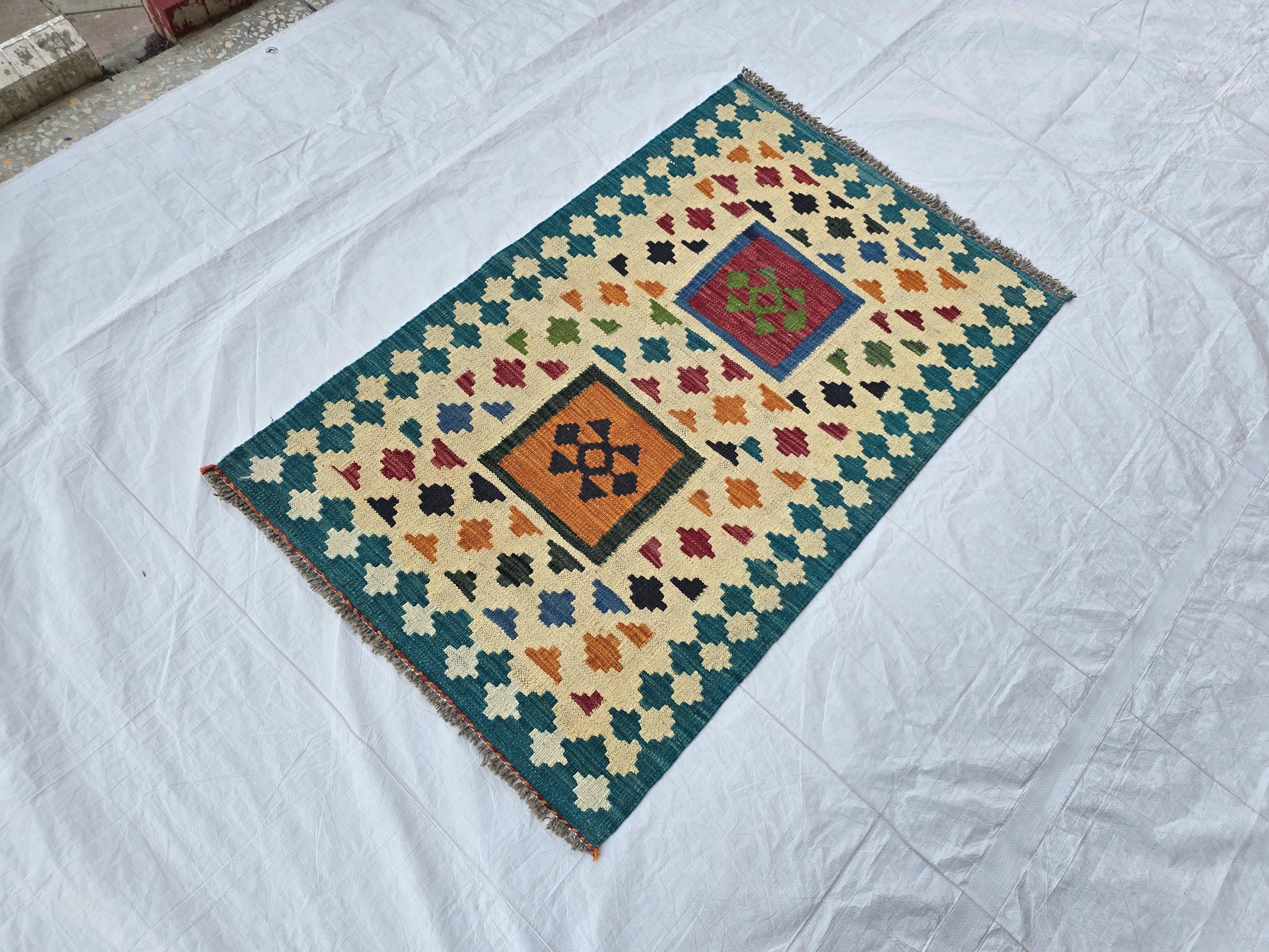 3x4 Afghan Small Geometric Wool Rug, Turkmen Flatweave Kilim Rug, Entryway Rug, Home Decor Rug, Kitchen Rug Small Rug, Office Rug