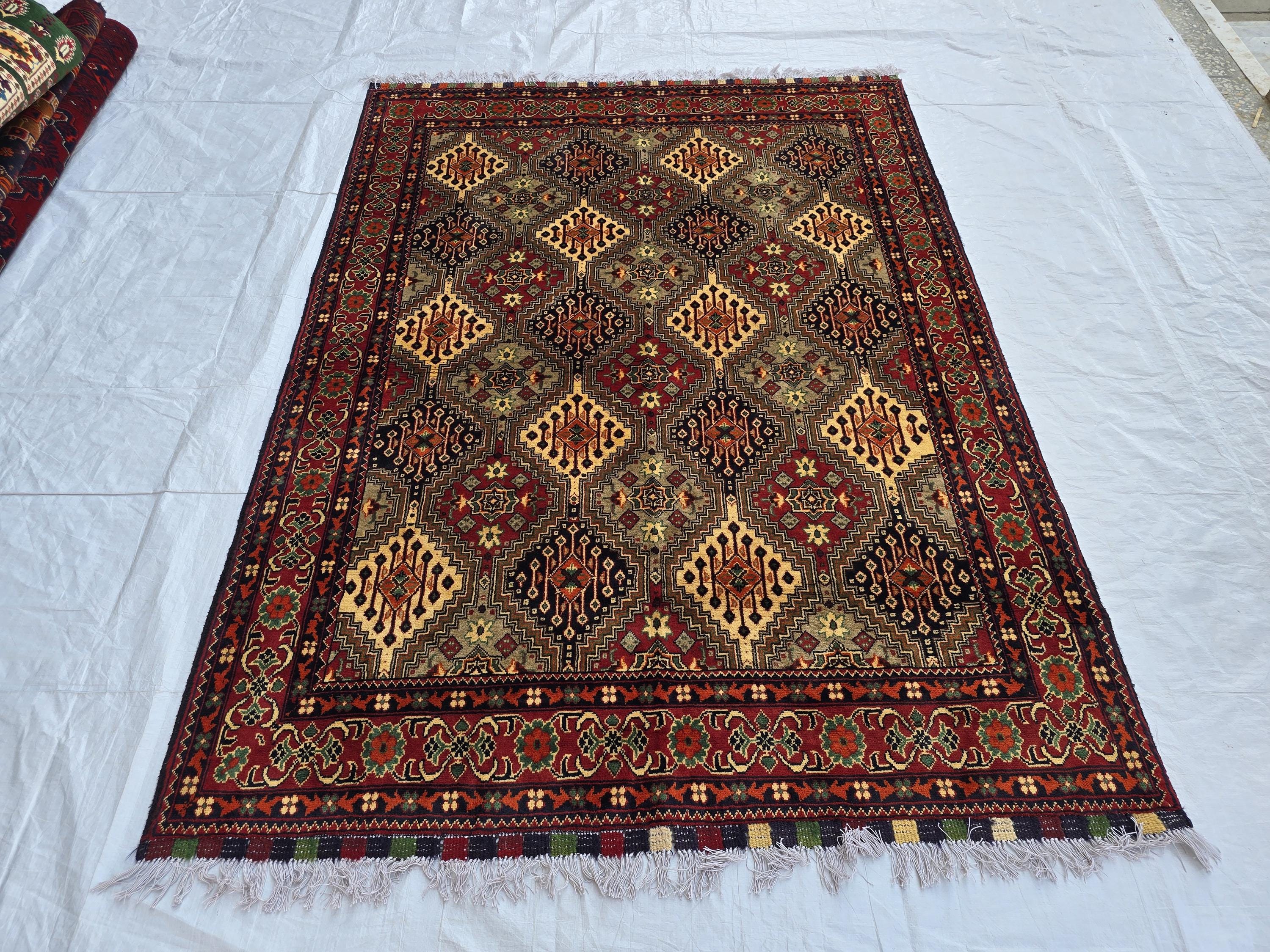 5x7 Soft Afghan Handmade Carpet, Turkmen Oriental Wool Area Rug, Boho Home Decor, Rug for Living Room, Bedroom Rug, Office Rug 150x200 cm