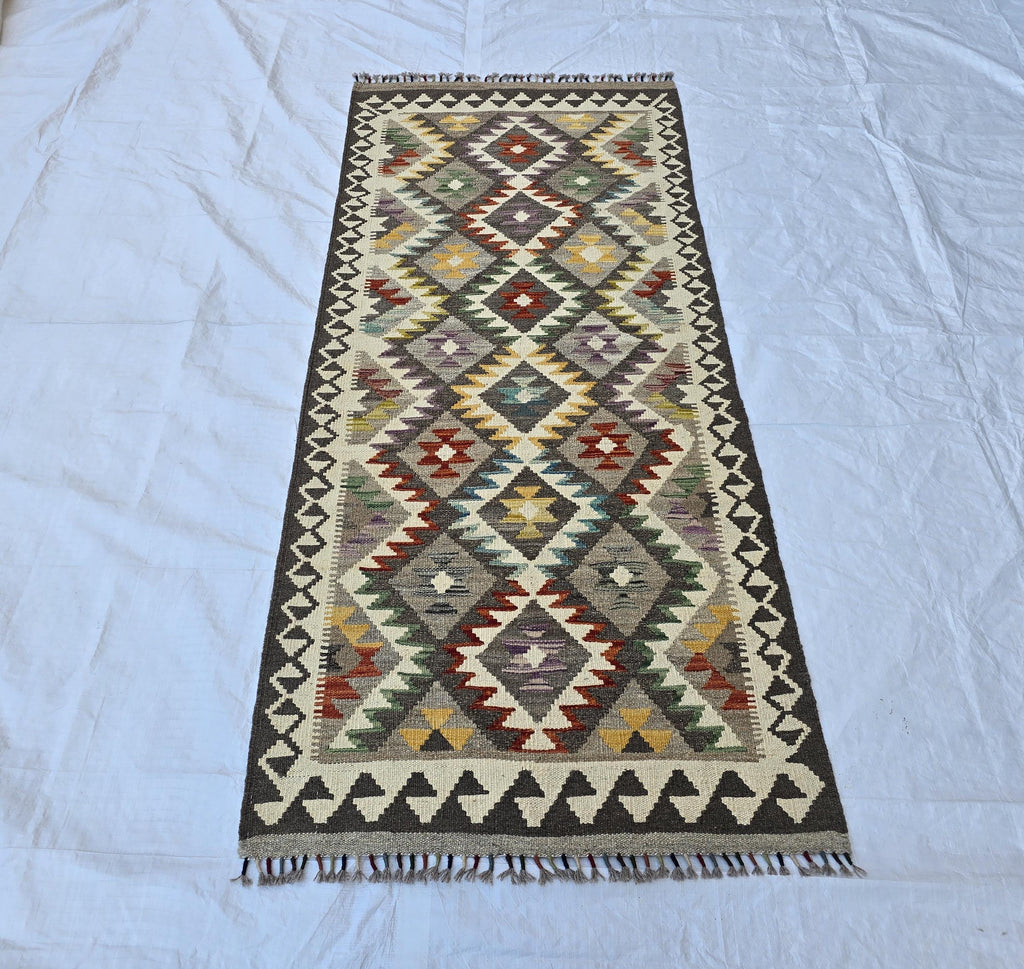 3x6 Flatweave Afghan Handmade Kilim Runner, Turkmen Geometric Tribal Wool Rug, Boho Home Decor Hallway Runner, Entryway Rug, Living Room Rug