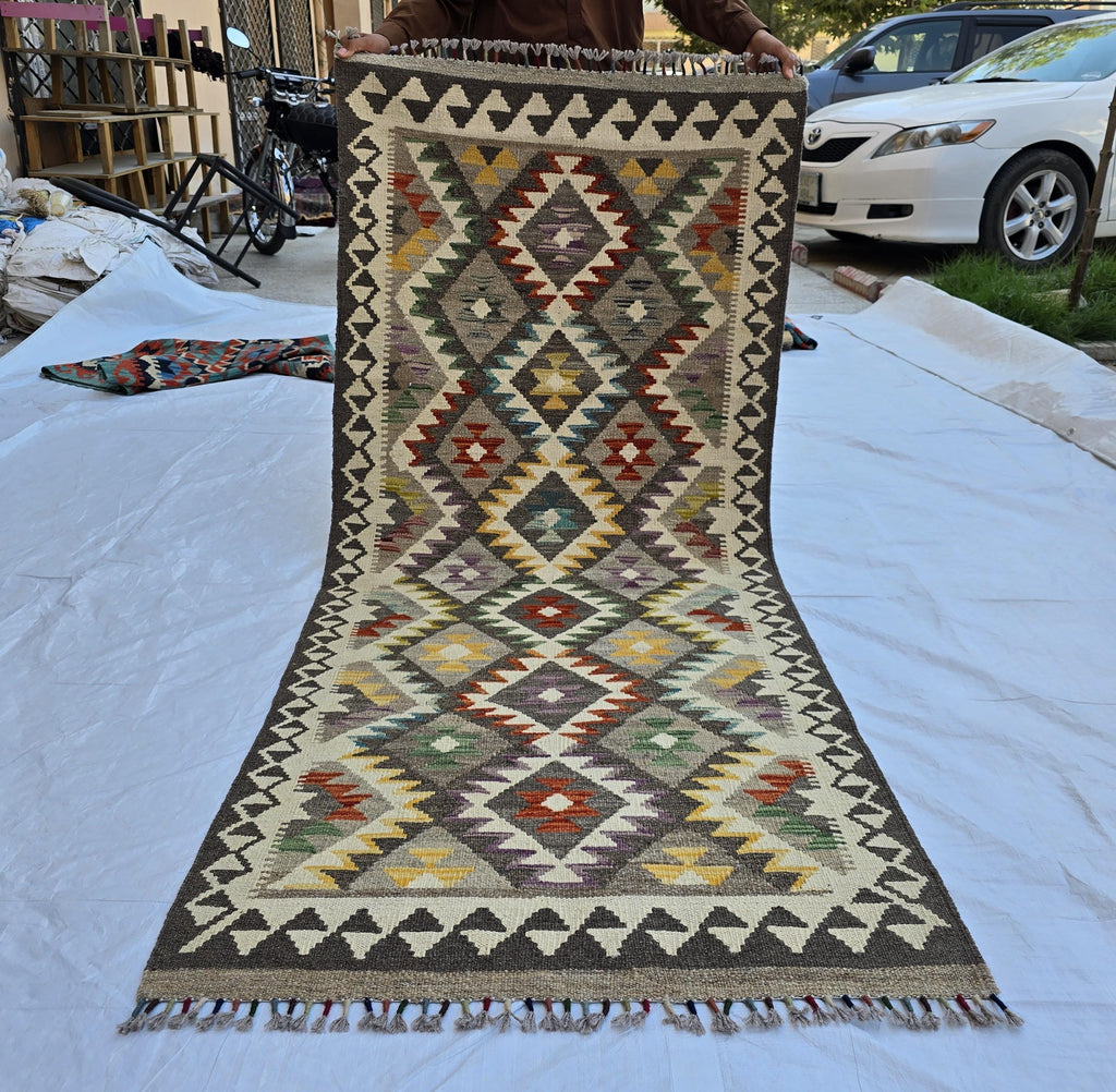 3x6 Flatweave Afghan Handmade Kilim Runner, Turkmen Geometric Tribal Wool Rug, Boho Home Decor Hallway Runner, Entryway Rug, Living Room Rug