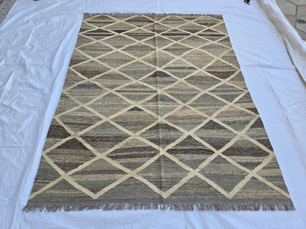 6x8 Handwoven Afghan Kilim Rug – Neutral Wool Flatweave | Geometric Tribal Area Carpet | Modern Boho Decor | Beige Brown Tones, Bedroom Rug