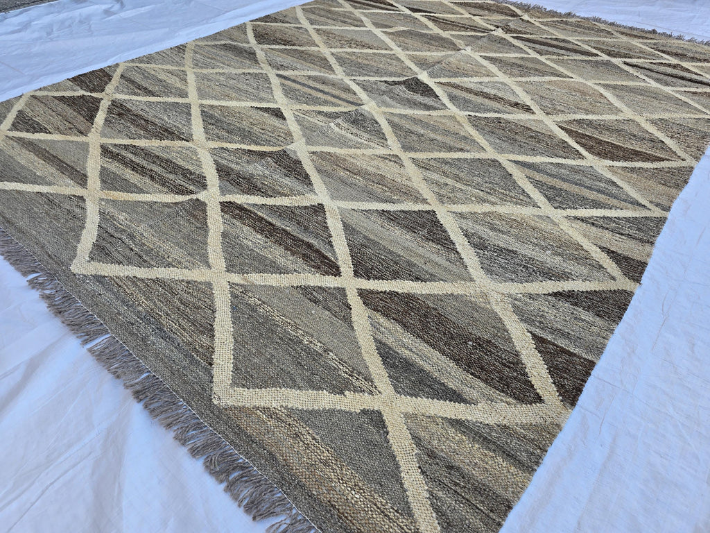 6x8 Handwoven Afghan Kilim Rug – Neutral Wool Flatweave | Geometric Tribal Area Carpet | Modern Boho Decor | Beige Brown Tones, Bedroom Rug